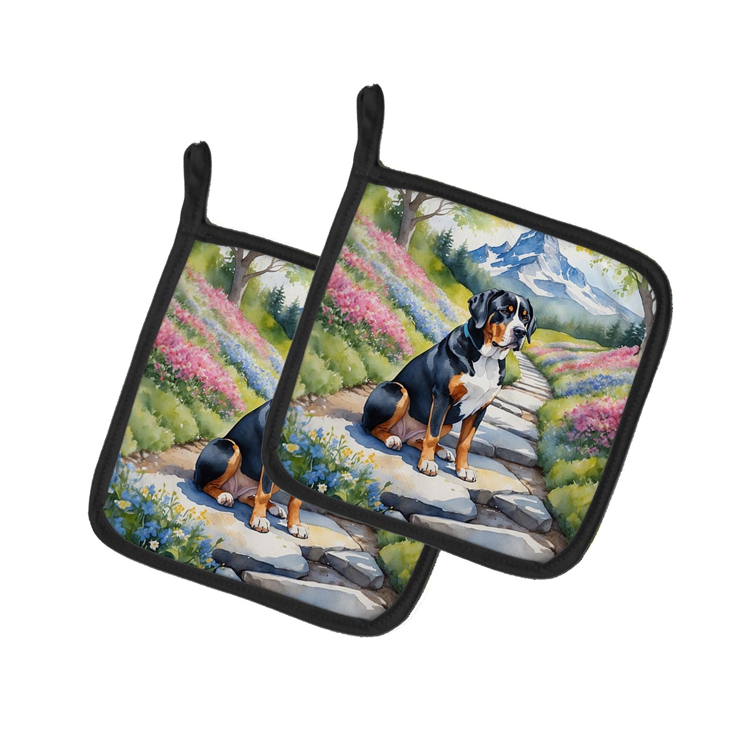 Greater Swiss Mountain Dog Spring Path Pair of Pot Holders Kitchen Heat Resistant Pot Holders Sets Oven Hot Pads for Cooking Bak