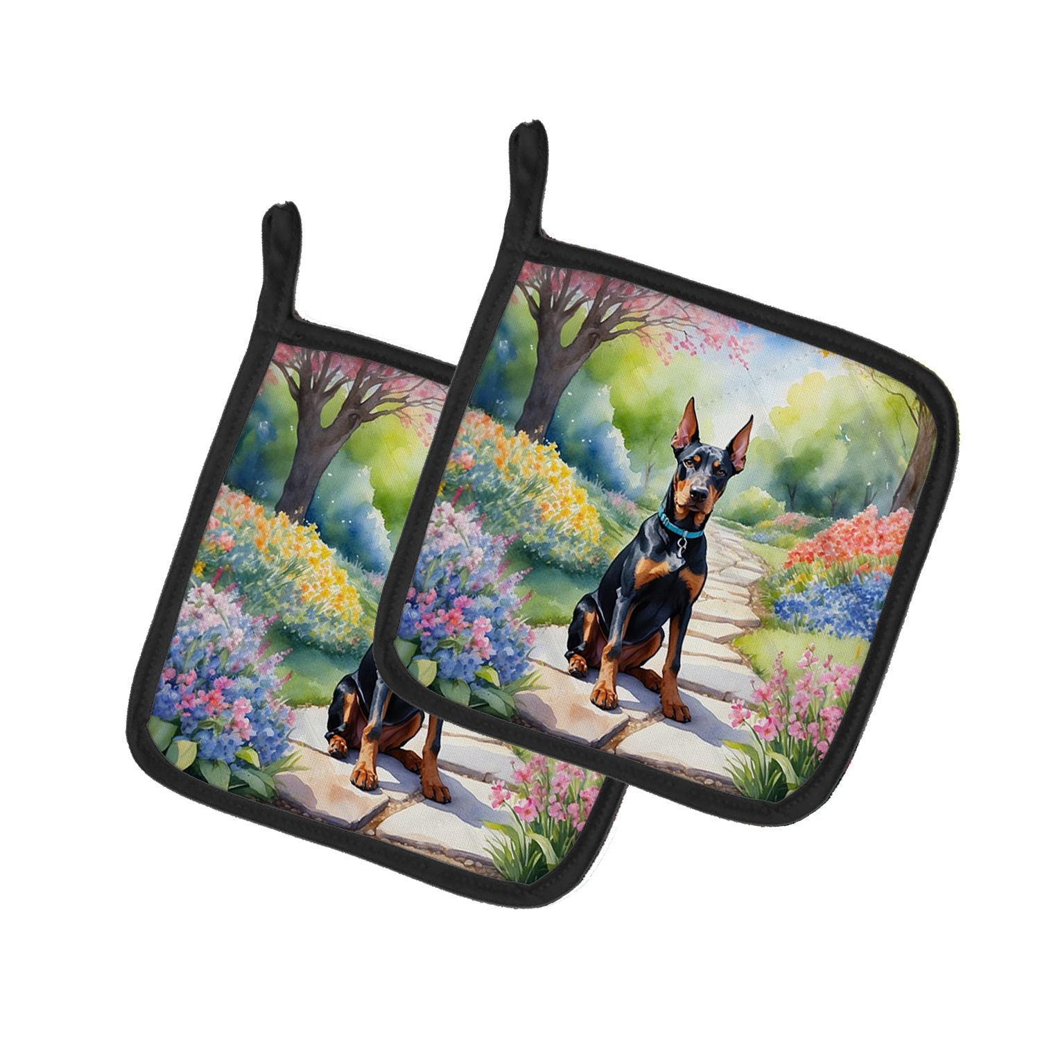Doberman Pinscher Spring Path Pair of Pot Holders Kitchen Heat Resistant Pot Holders Sets Oven Hot Pads for Cooking Baking BBQ, 