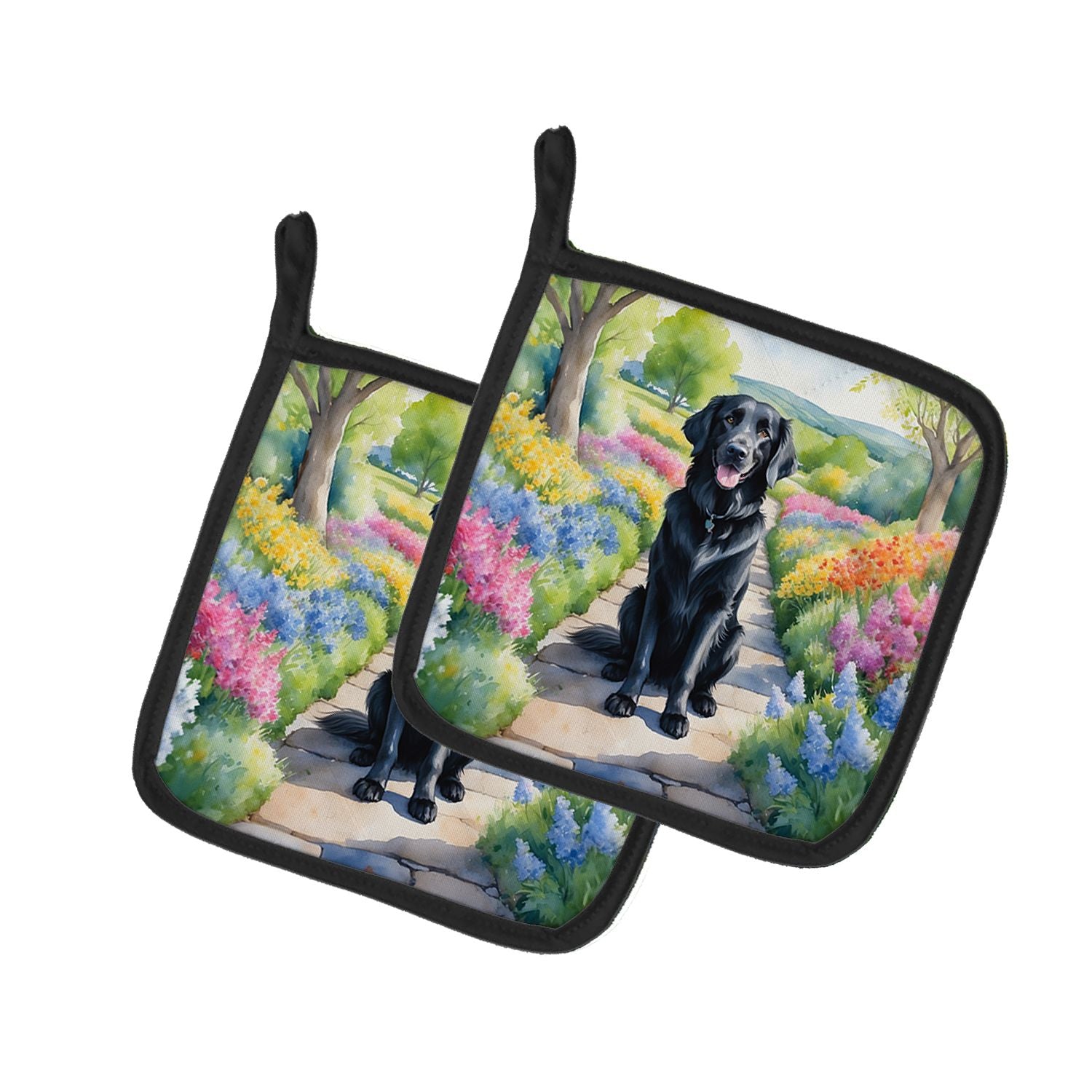 Flat-Coated Retriever Spring Path Pair of Pot Holders Kitchen Heat Resistant Pot Holders Sets Oven Hot Pads for Cooking Baking B
