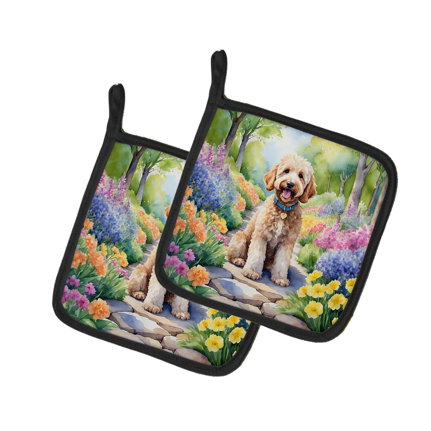 Goldendoodle Spring Path Pair of Pot Holders Kitchen Heat Resistant Pot Holders Sets Oven Hot Pads for Cooking Baking BBQ, 7 1/2