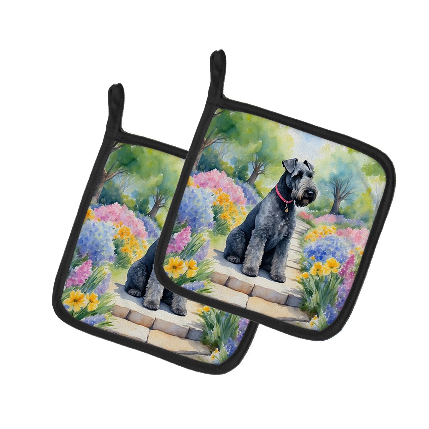 Kerry Blue Terrier Spring Path Pair of Pot Holders Kitchen Heat Resistant Pot Holders Sets Oven Hot Pads for Cooking Baking BBQ,
