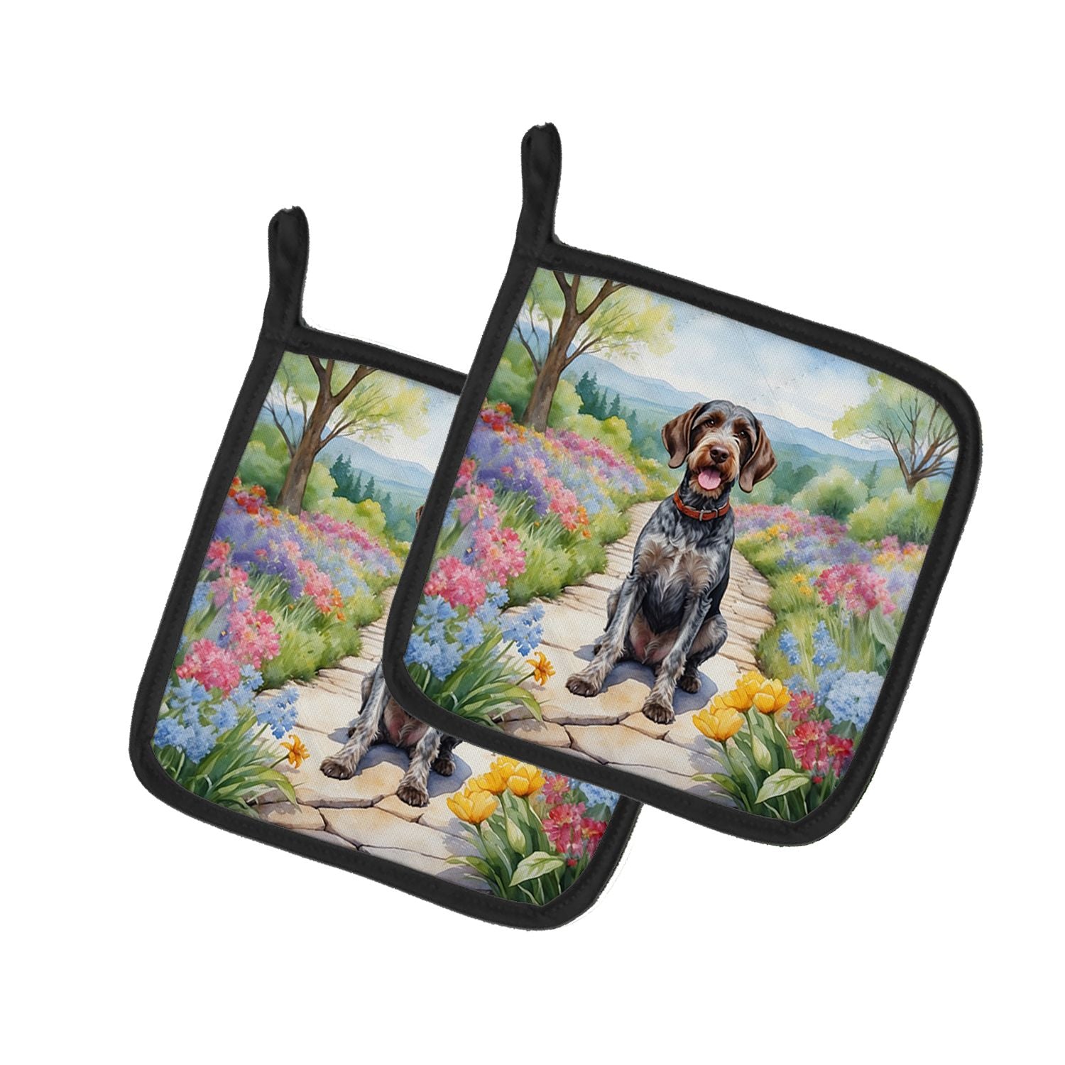 German Wirehaired Pointer Spring Path Pair of Pot Holders Kitchen Heat Resistant Pot Holders Sets Oven Hot Pads for Cooking Baki