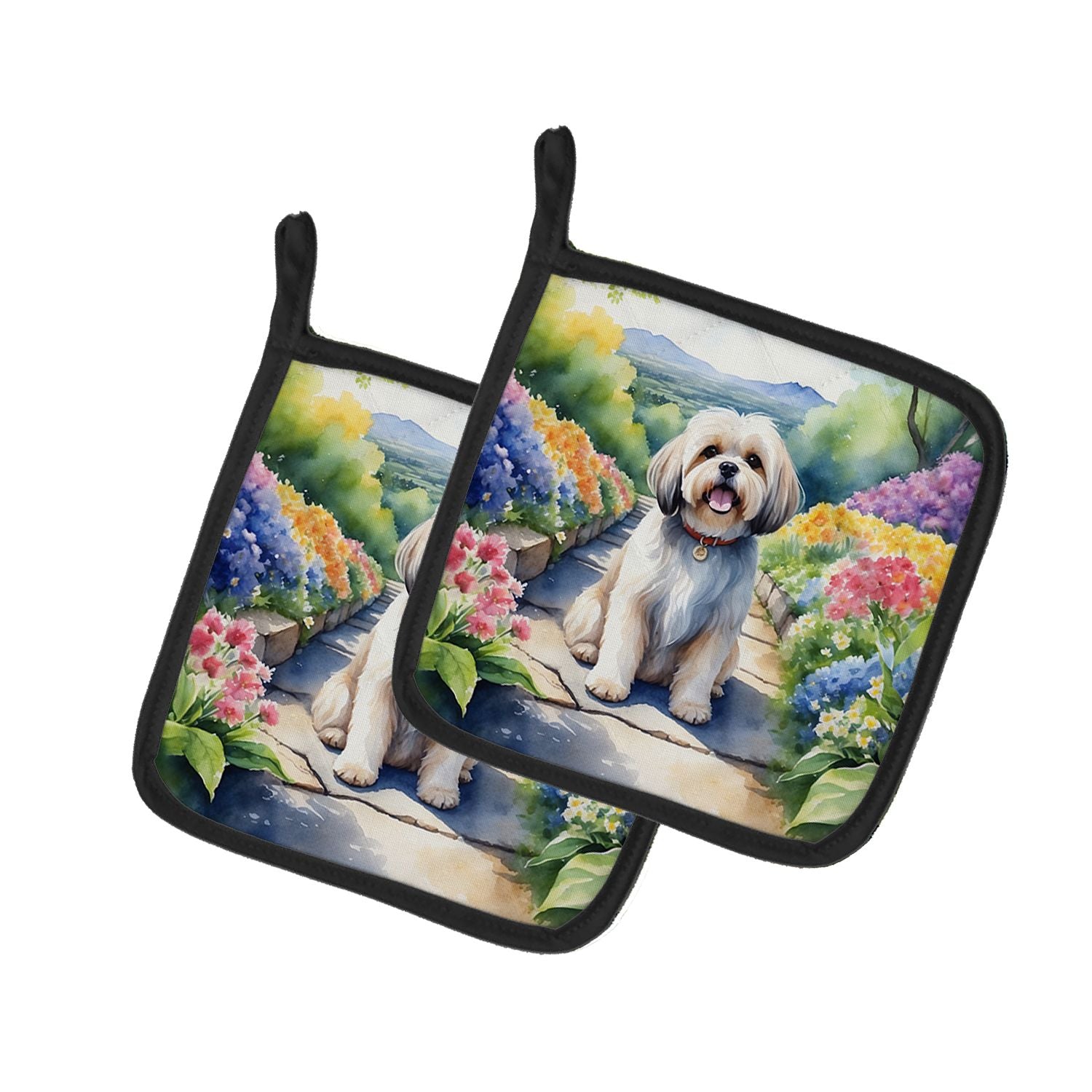 Lhasa Apso Spring Path Pair of Pot Holders Kitchen Heat Resistant Pot Holders Sets Oven Hot Pads for Cooking Baking BBQ, 7 1/2 x