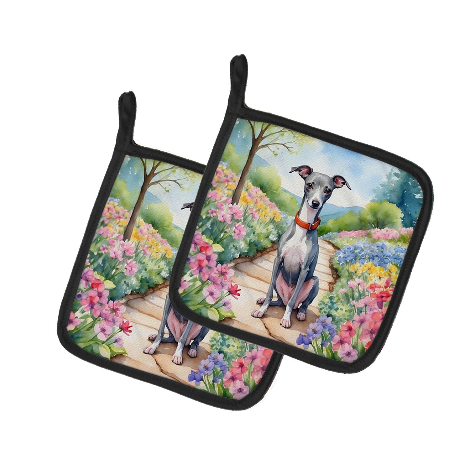 Italian Greyhound Spring Path Pair of Pot Holders Kitchen Heat Resistant Pot Holders Sets Oven Hot Pads for Cooking Baking BBQ, 