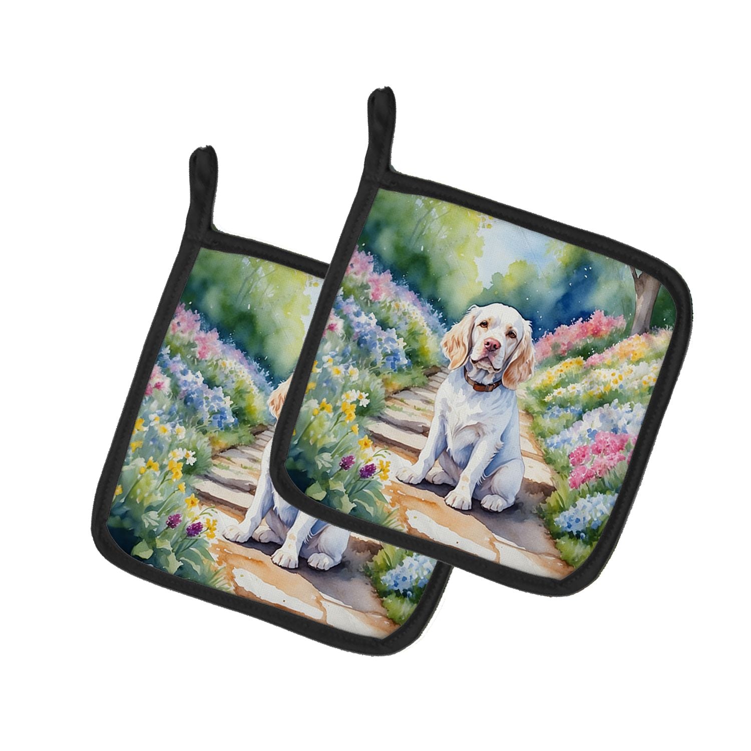 Clumber Spaniel Spring Path Pair of Pot Holders Kitchen Heat Resistant Pot Holders Sets Oven Hot Pads for Cooking Baking BBQ, 7 