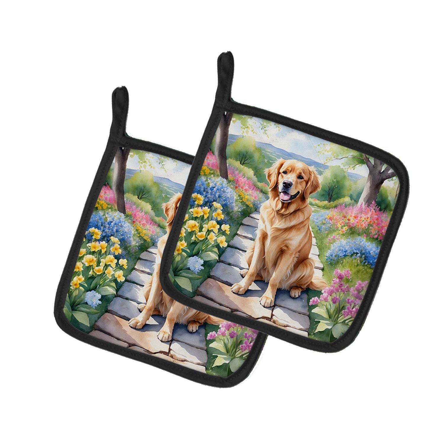 Golden Retriever Spring Path Pair of Pot Holders Kitchen Heat Resistant Pot Holders Sets Oven Hot Pads for Cooking Baking BBQ, 7