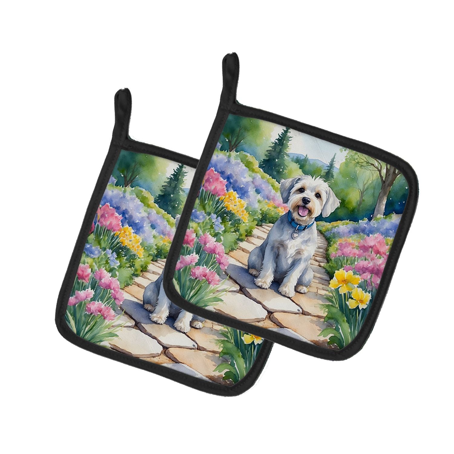 Dandie Dinmont Terrier Spring Path Pair of Pot Holders Kitchen Heat Resistant Pot Holders Sets Oven Hot Pads for Cooking Baking 