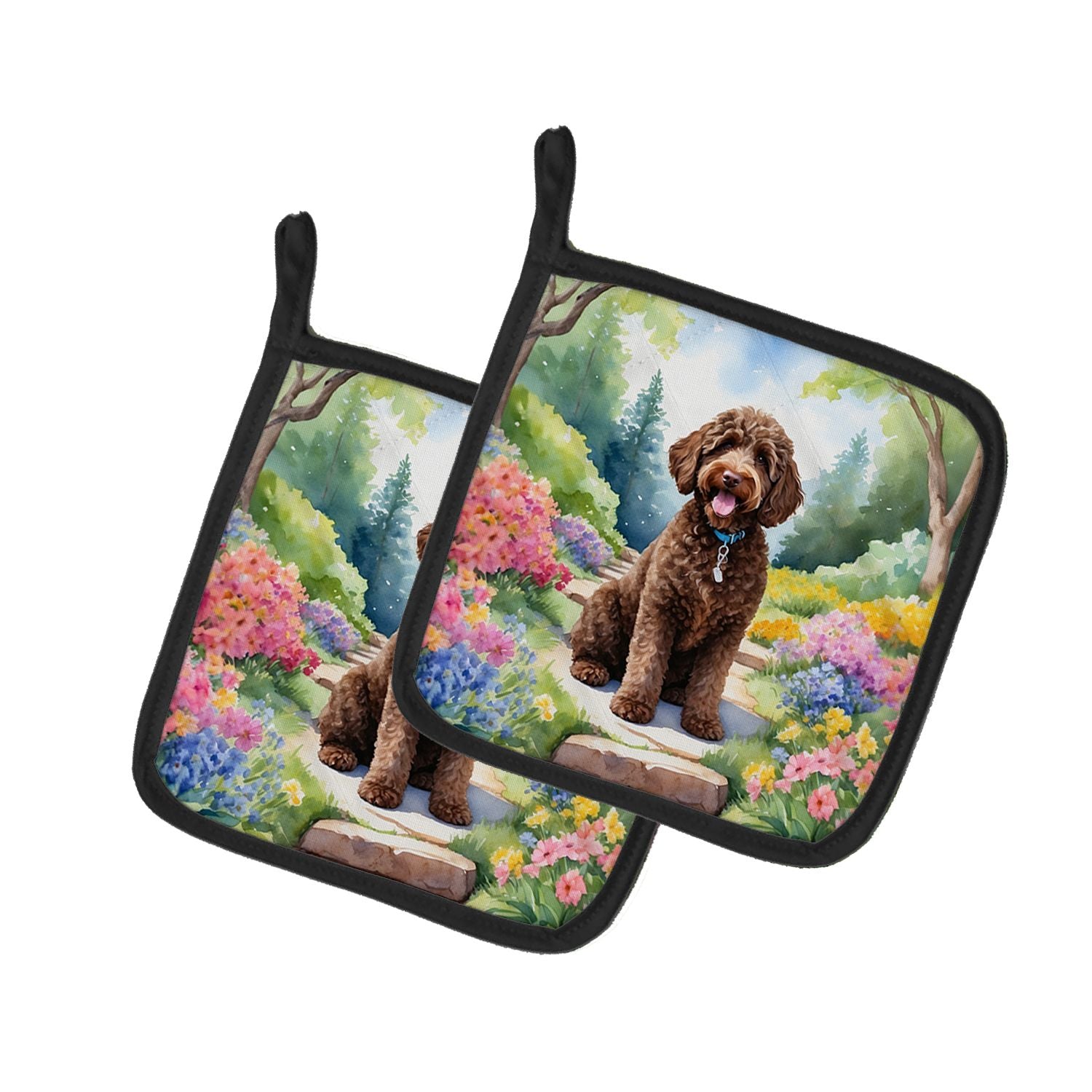 Labradoodle Spring Path Pair of Pot Holders Kitchen Heat Resistant Pot Holders Sets Oven Hot Pads for Cooking Baking BBQ, 7 1/2 
