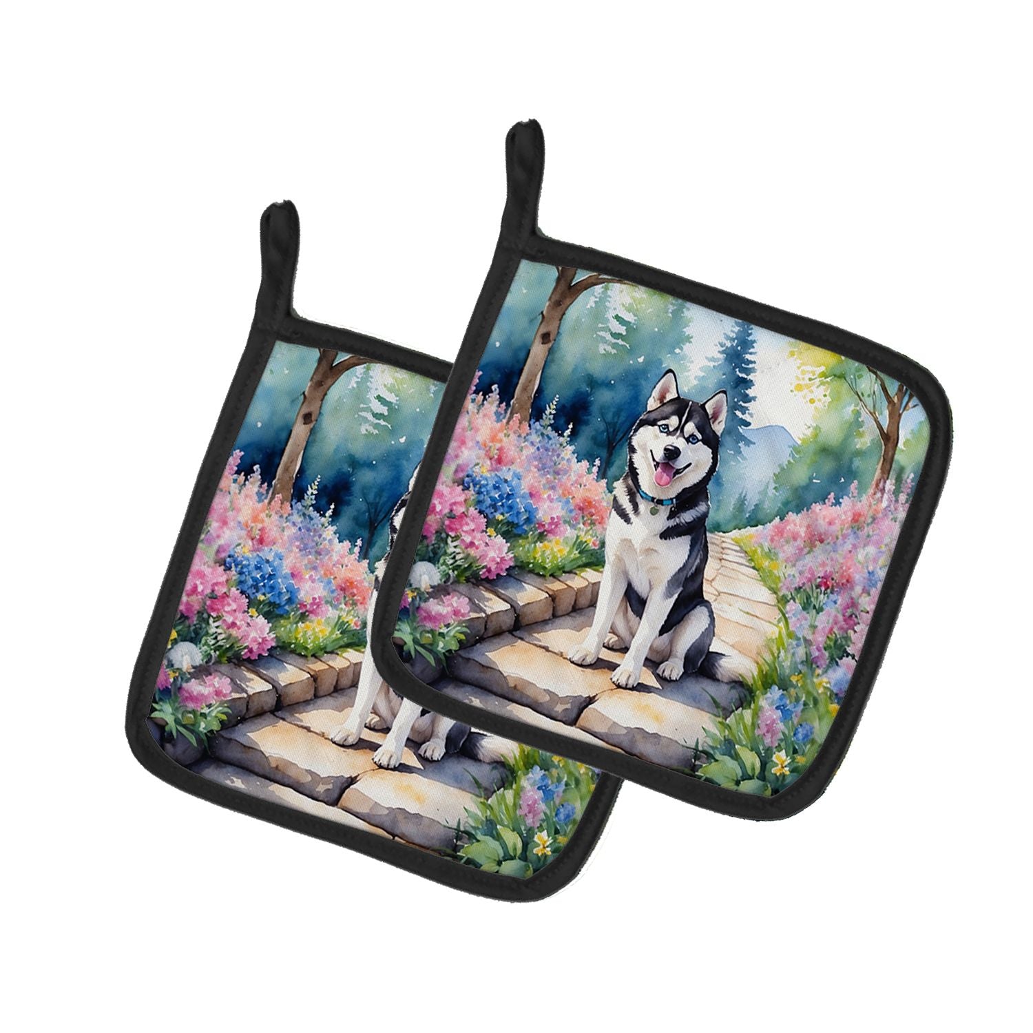 Siberian Husky Spring Path Pair of Pot Holders Kitchen Heat Resistant Pot Holders Sets Oven Hot Pads for Cooking Baking BBQ, 7 1