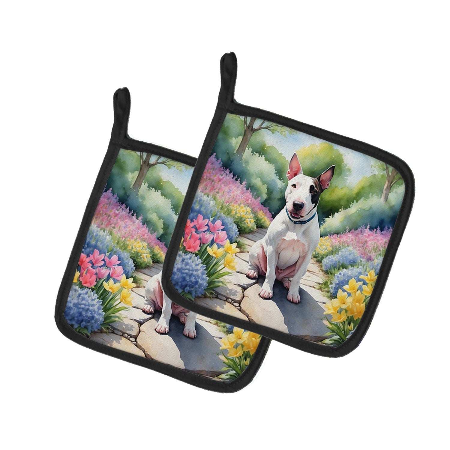 NEW English Bull Terrier Spring Path Pair of Pot Holders Kitchen Heat Resistant Pot Holders Sets Oven Hot Pads for Cooking Bakin