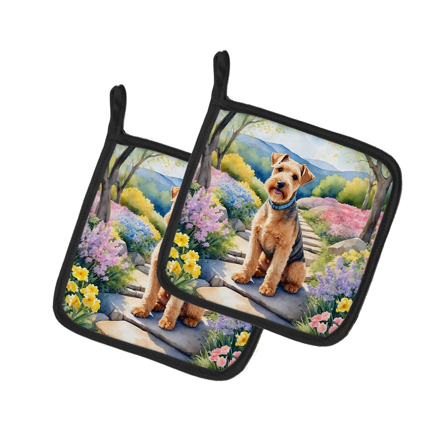 Lakeland Terrier Spring Path Pair of Pot Holders Kitchen Heat Resistant Pot Holders Sets Oven Hot Pads for Cooking Baking BBQ, 7