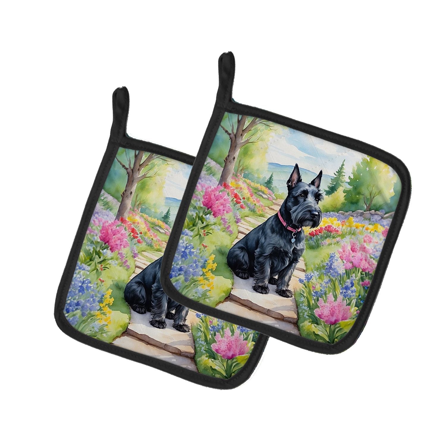 Scottish Terrier Spring Path Pair of Pot Holders Kitchen Heat Resistant Pot Holders Sets Oven Hot Pads for Cooking Baking BBQ, 7