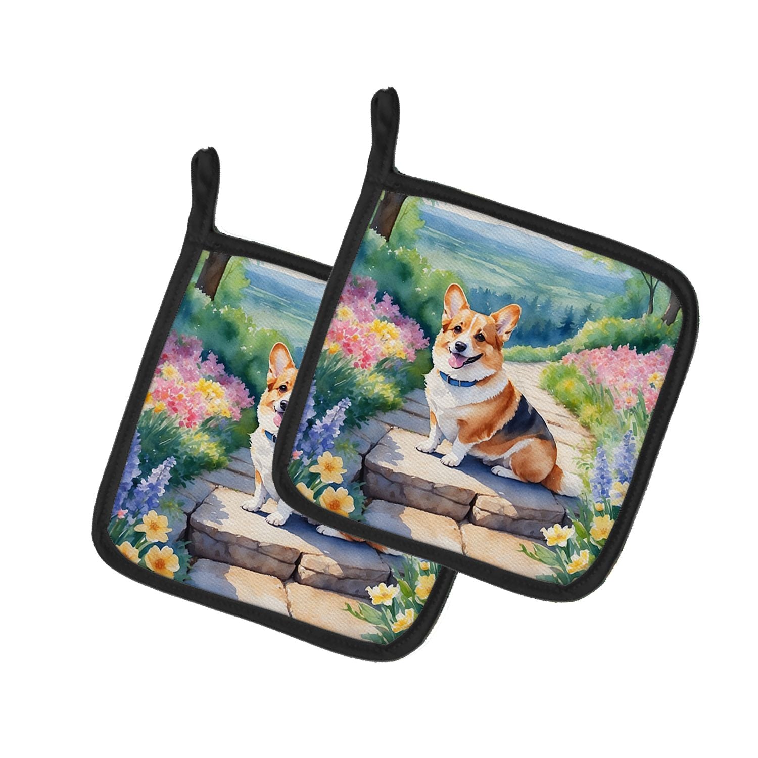 Corgi Spring Path Pair of Pot Holders Kitchen Heat Resistant Pot Holders Sets Oven Hot Pads for Cooking Baking BBQ, 7 1/2 x 7 1/