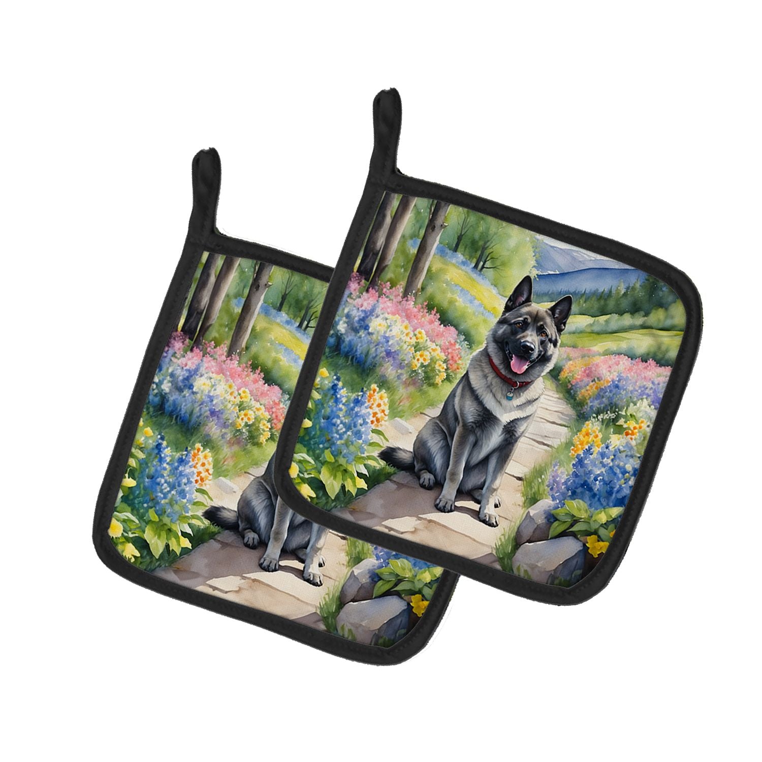 Norwegian Elkhound Spring Path Pair of Pot Holders Kitchen Heat Resistant Pot Holders Sets Oven Hot Pads for Cooking Baking BBQ,
