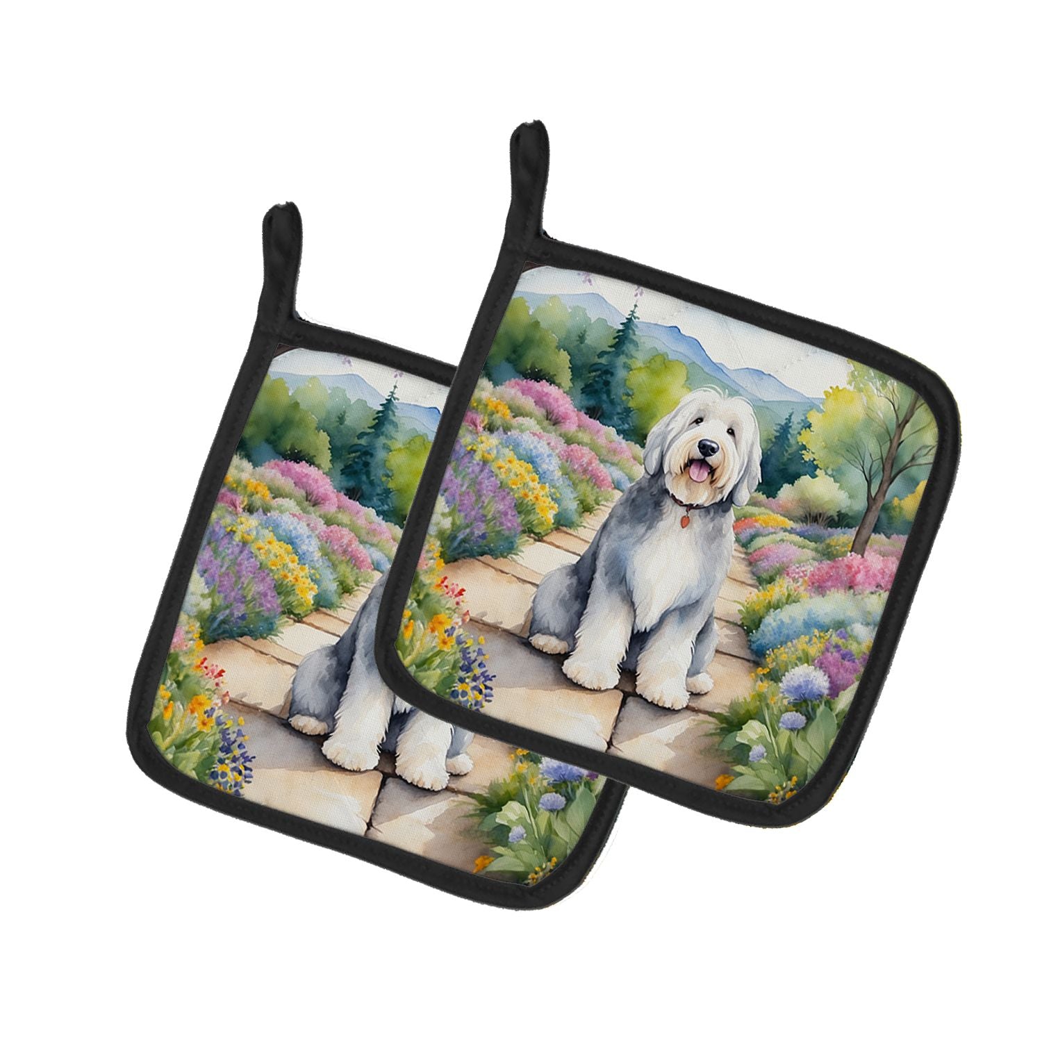 Old English Sheepdog Spring Path Pair of Pot Holders Kitchen Heat Resistant Pot Holders Sets Oven Hot Pads for Cooking Baking BB