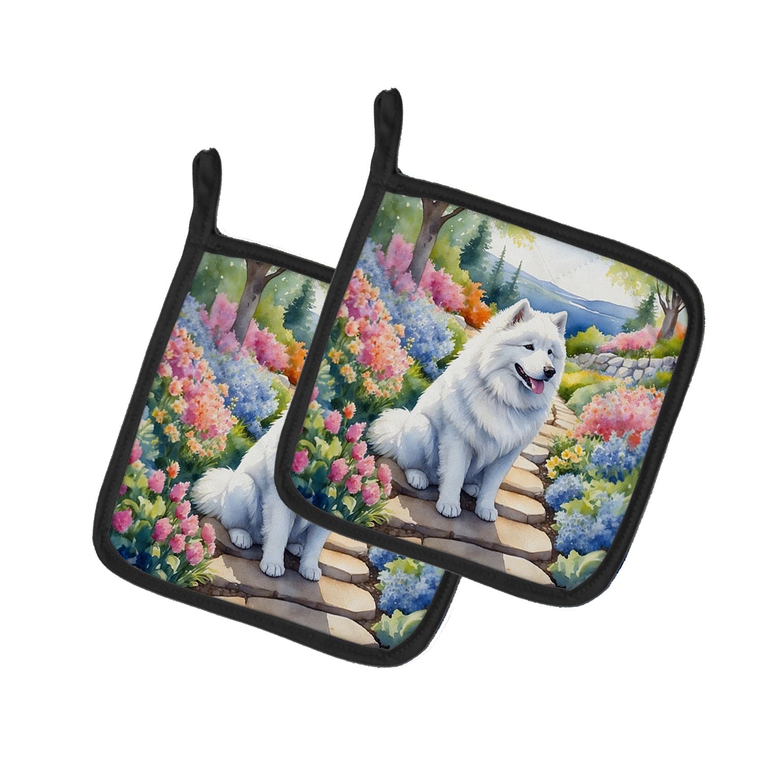 Samoyed Spring Path Pair of Pot Holders Kitchen Heat Resistant Pot Holders Sets Oven Hot Pads for Cooking Baking BBQ, 7 1/2 x 7 