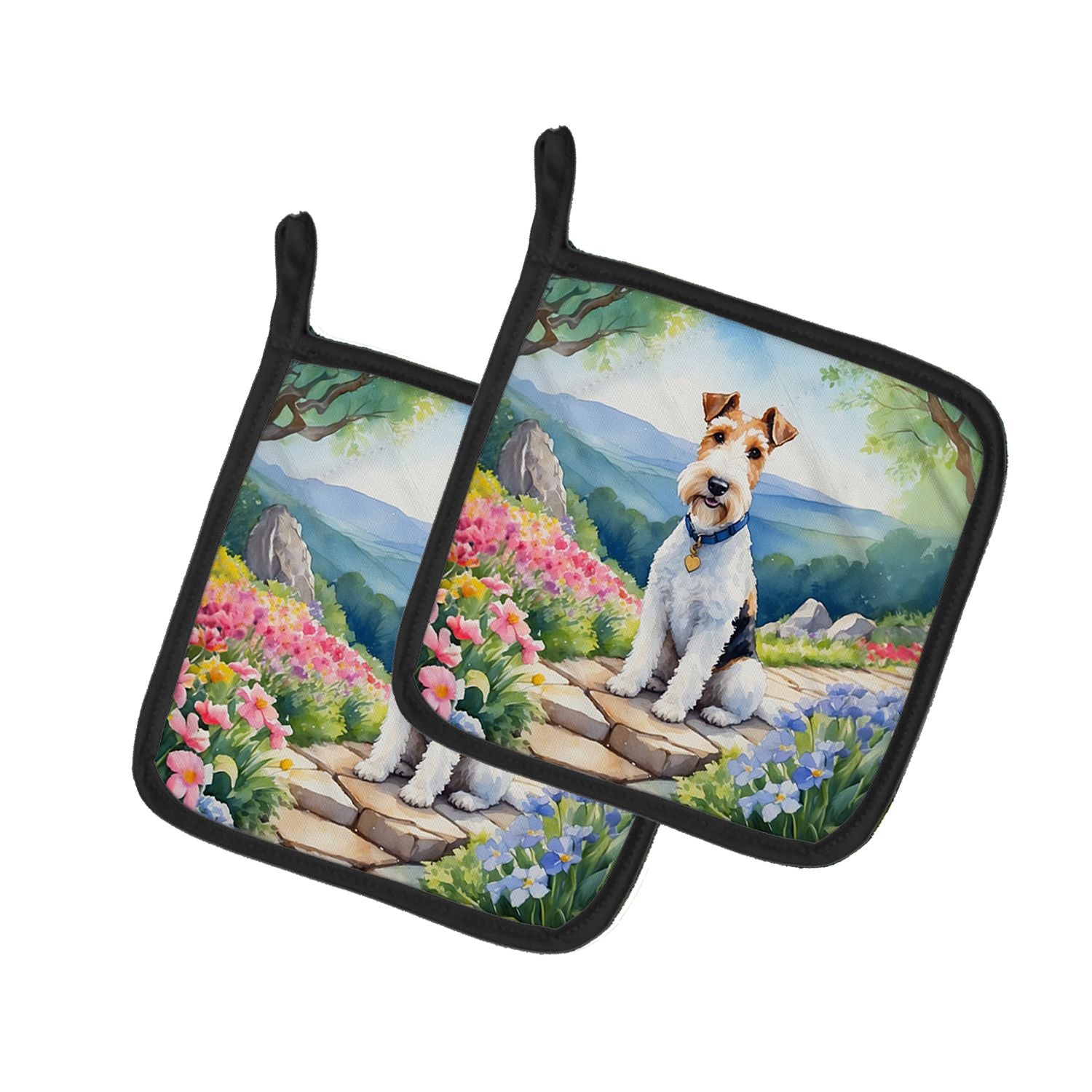 Fox Terrier Spring Path Pair of Pot Holders Kitchen Heat Resistant Pot Holders Sets Oven Hot Pads for Cooking Baking BBQ, 7 1/2 