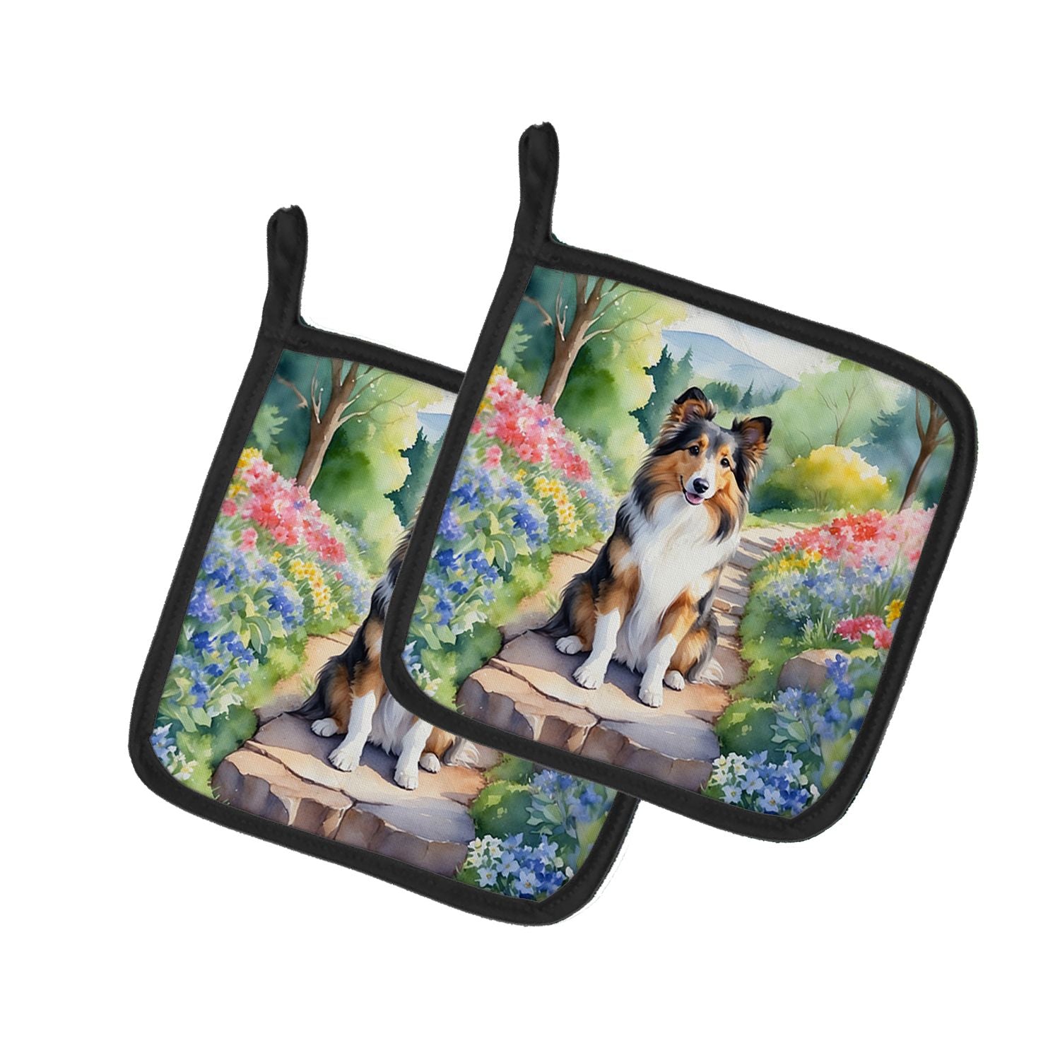 Sheltie Spring Path Pair of Pot Holders Kitchen Heat Resistant Pot Holders Sets Oven Hot Pads for Cooking Baking BBQ, 7 1/2 x 7 