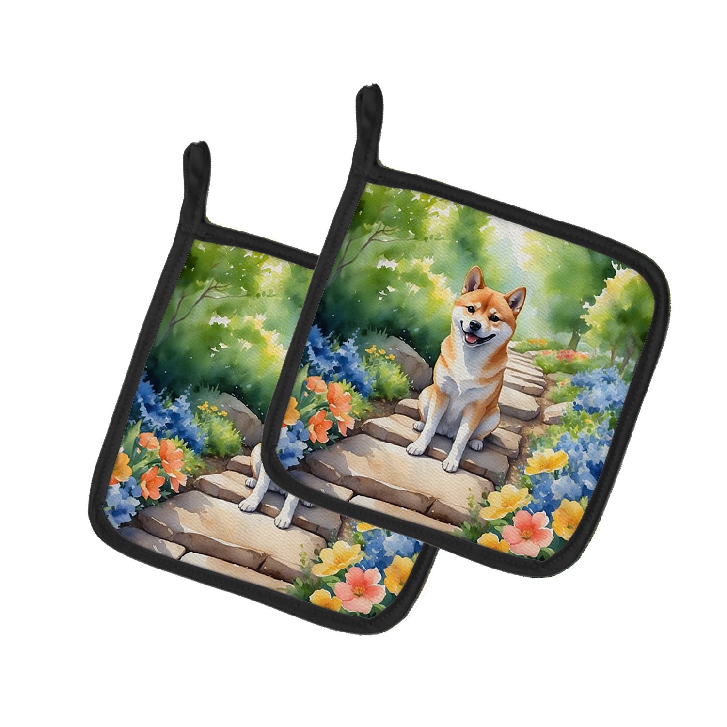 Shiba Inu Spring Path Pair of Pot Holders Kitchen Heat Resistant Pot Holders Sets Oven Hot Pads for Cooking Baking BBQ, 7 1/2 x 