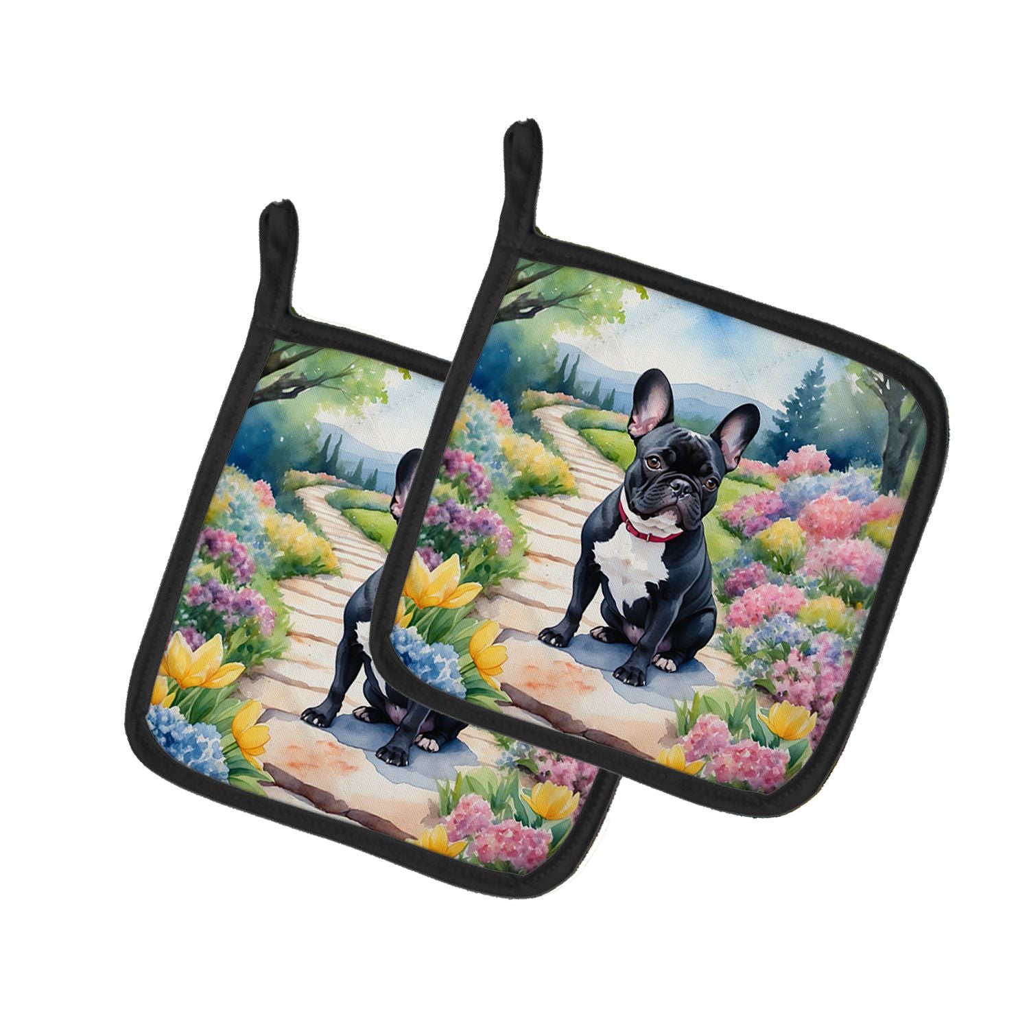 French Bulldog Spring Path Pair of Pot Holders Kitchen Heat Resistant Pot Holders Sets Oven Hot Pads for Cooking Baking BBQ, 7 1