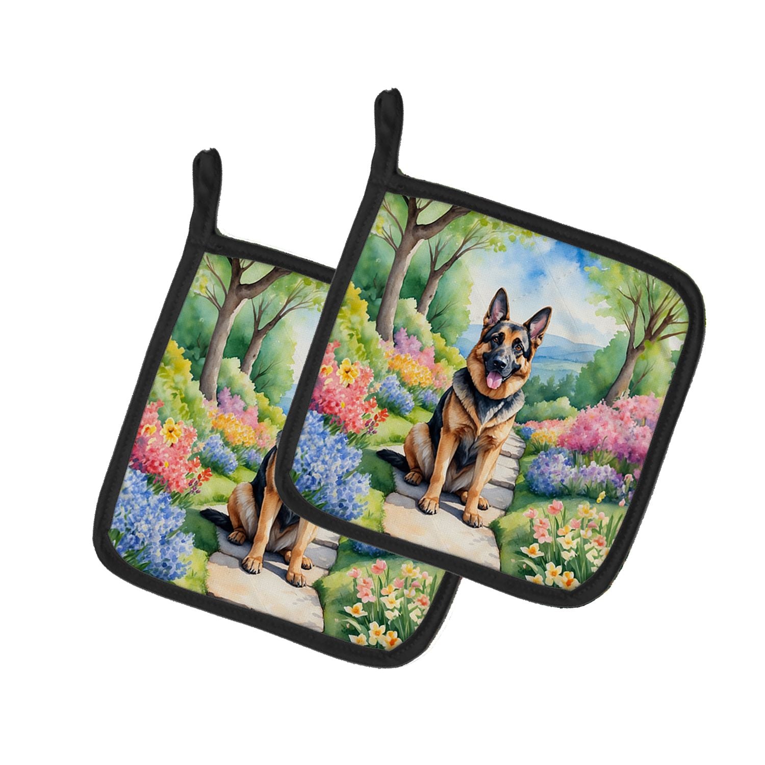 German Shepherd Spring Path Pair of Pot Holders Kitchen Heat Resistant Pot Holders Sets Oven Hot Pads for Cooking Baking BBQ, 7 