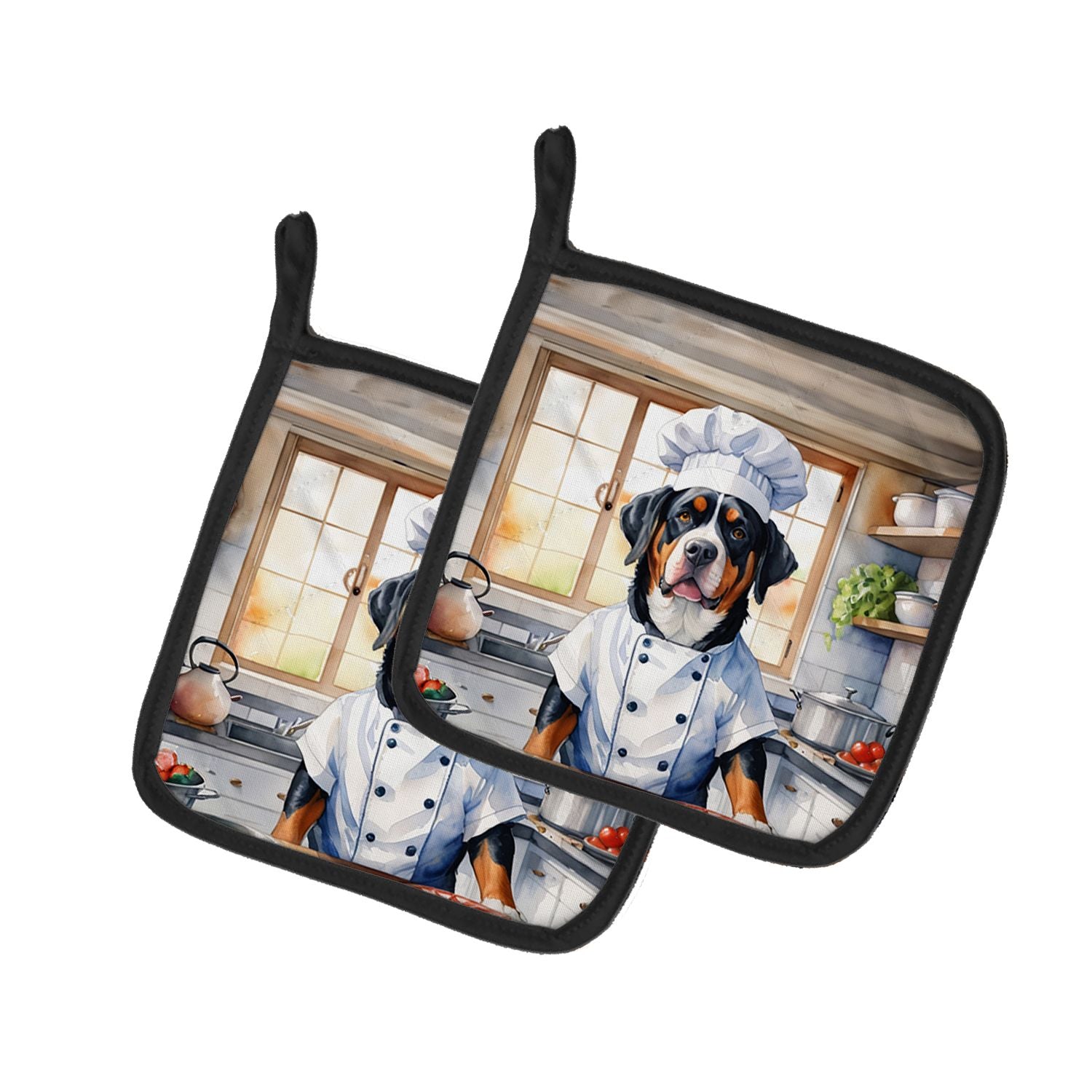Greater Swiss Mountain Dog The Chef Pair of Pot Holders Kitchen Heat Resistant Pot Holders Sets Oven Hot Pads for Cooking Baking
