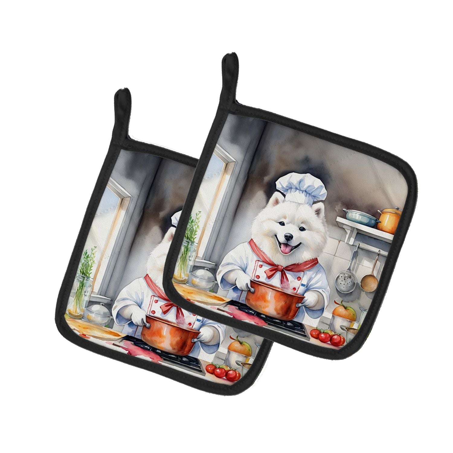 Samoyed The Chef Pair of Pot Holders Kitchen Heat Resistant Pot Holders Sets Oven Hot Pads for Cooking Baking BBQ, 7 1/2 x 7 1/2