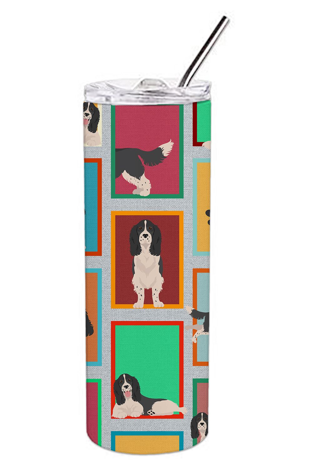 Lots of Black and White English Springer Spaniel Stainless Steel Skinny Tumbler Vacuum Double Walled Reusable Insulated Tumbler 