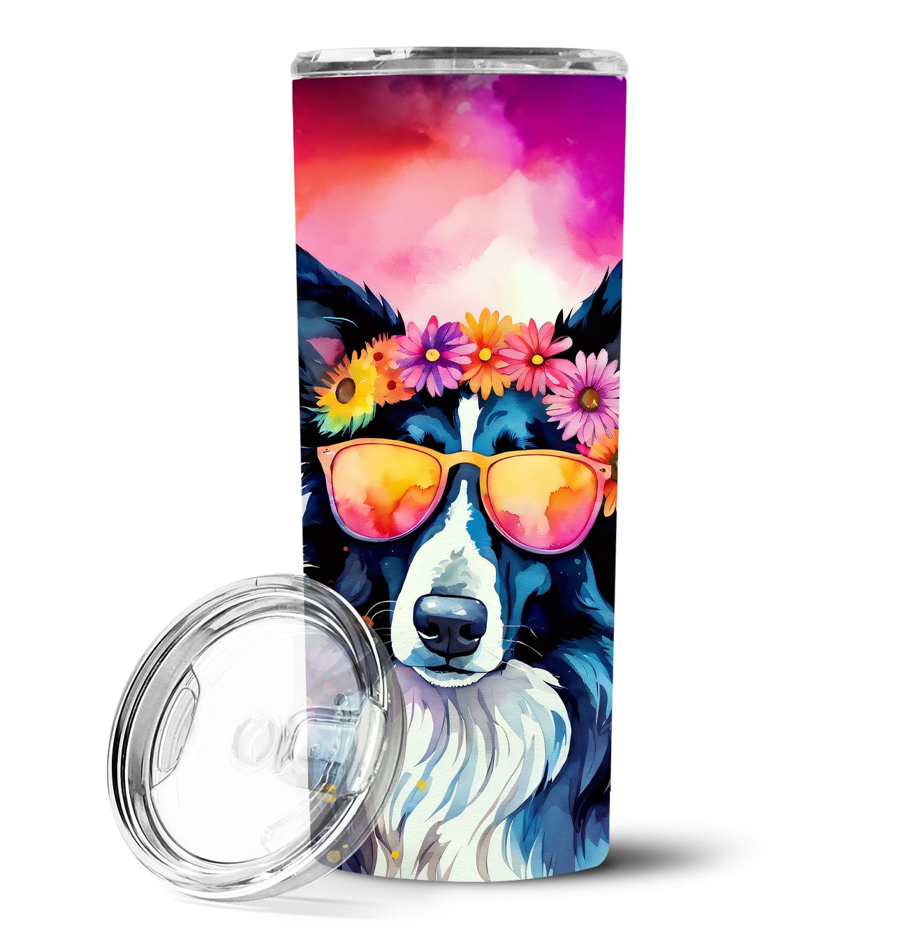 Border Collie Hippie Dawg Stainless Steel Skinny Tumbler Vacuum Double Walled Reusable Insulated Tumbler Travel Cup for Coffee C