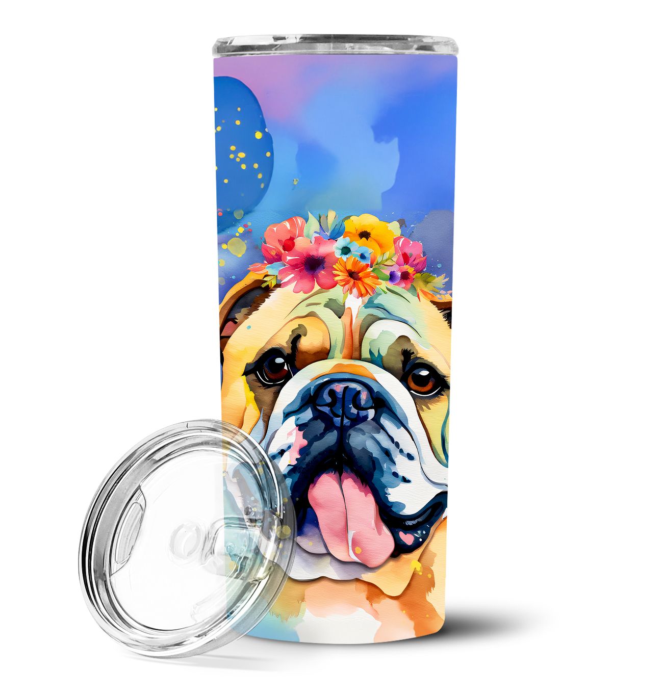 English Bulldog Hippie Dawg Stainless Steel Skinny Tumbler Vacuum Double Walled Reusable Insulated Tumbler Travel Cup for Coffee