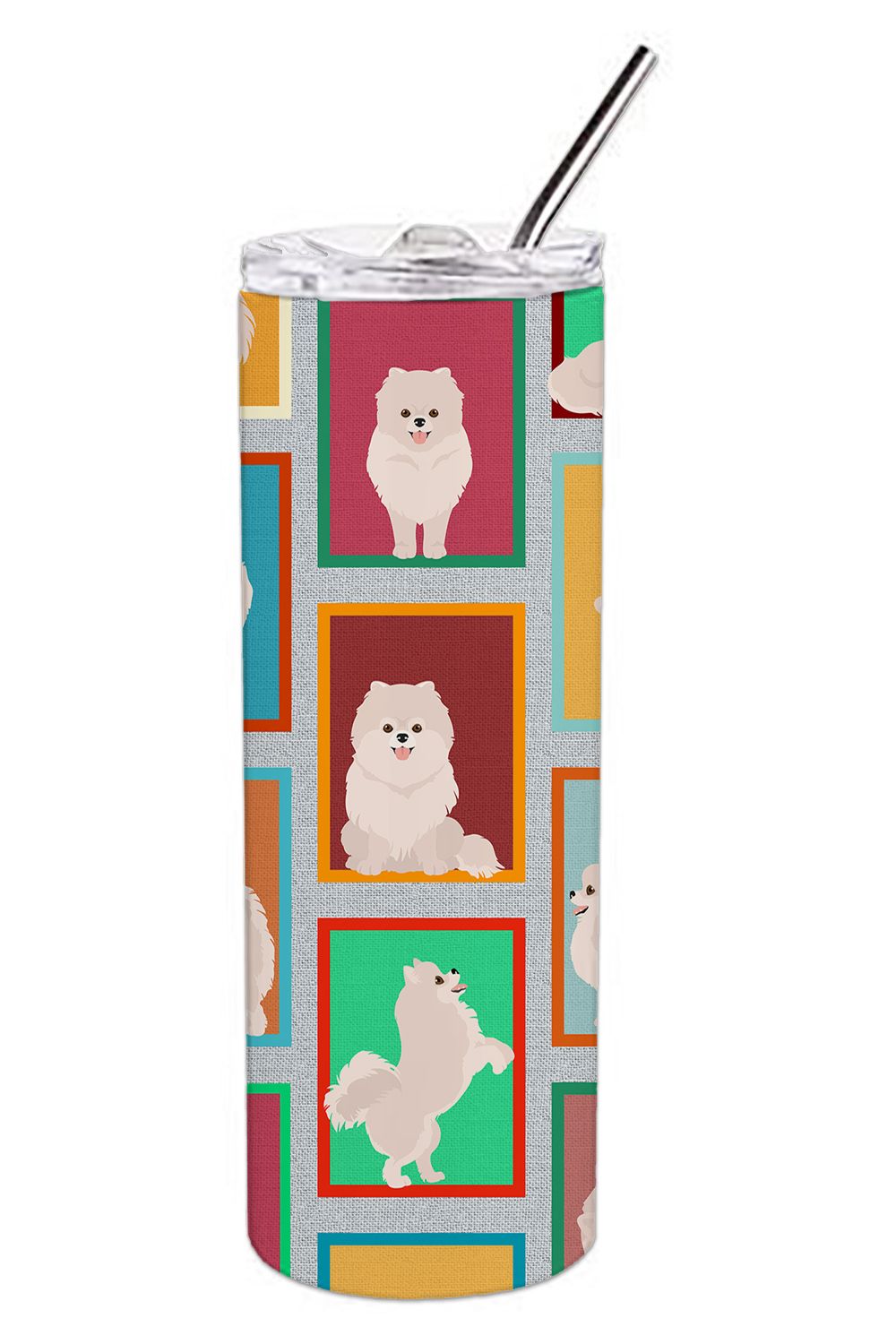 Lots of White Pomeranian Stainless Steel Skinny Tumbler Vacuum Double Walled Reusable Insulated Tumbler Travel Cup for Coffee Co