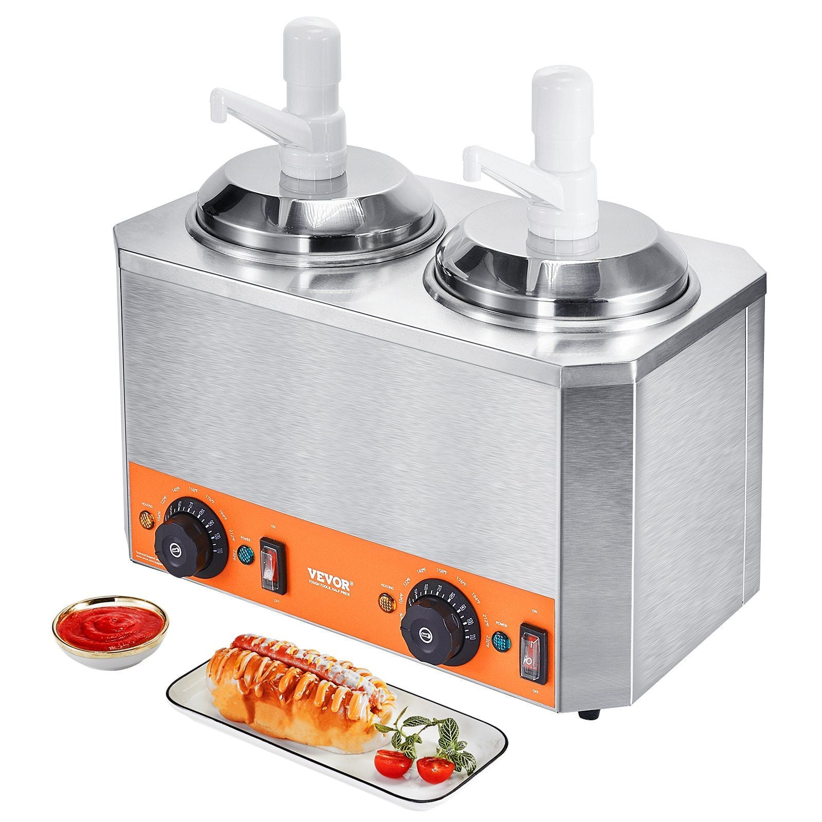 VEVOR Electric Cheese Dispenser with Pumps, 2.3x2 Qt Commercial Hot Fudge Warmer, Plastic Double Pumps Dispenser, 86-230F Temp A