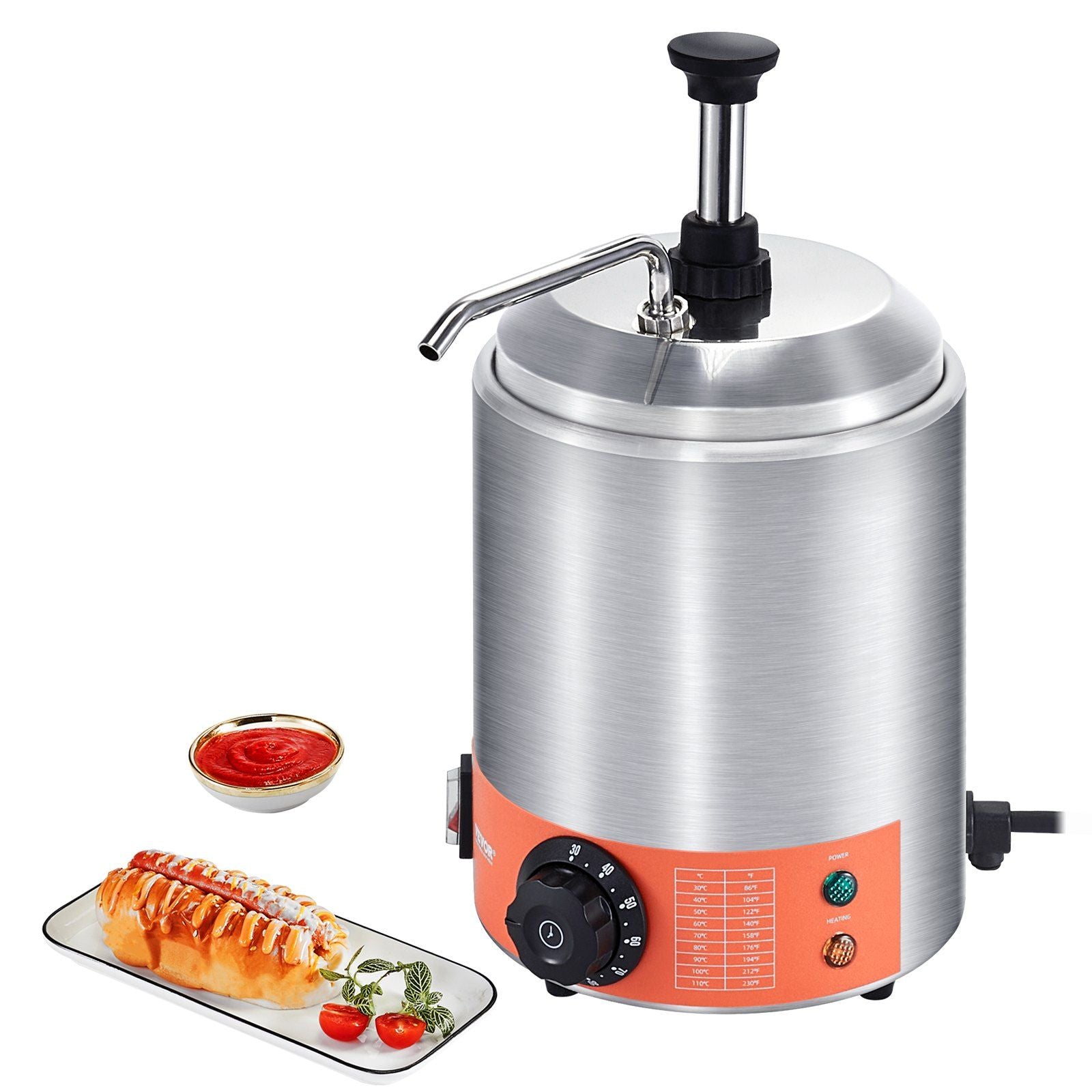 VEVOR Electric Cheese Dispenser with Pump, 2.3 Qt Commercial Hot Fudge Warmer, Stainless Steel Pump Dispenser, 86-230F Temp Adju