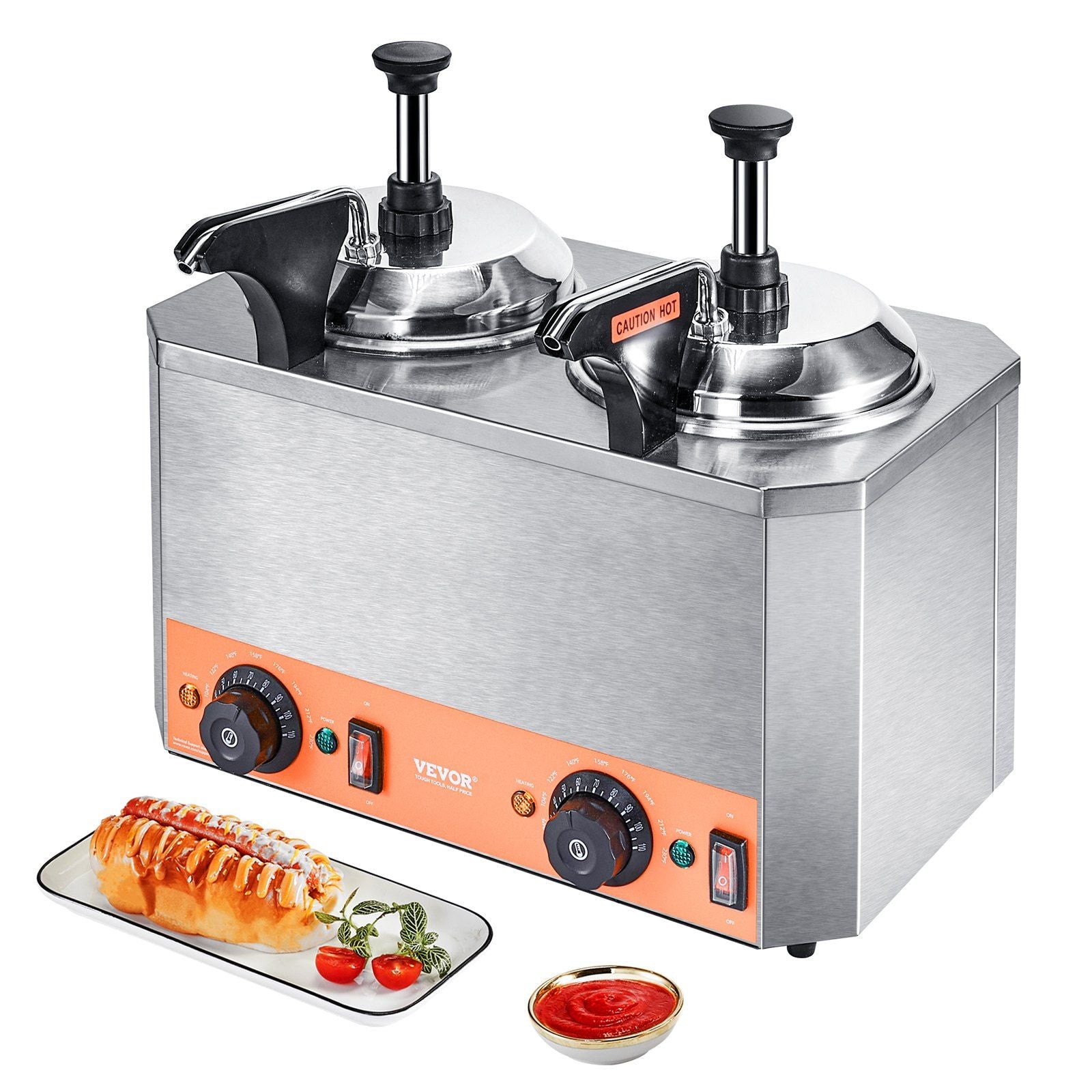 VEVOR Electric Cheese Dispenser with Pumps, 2.3x2 Qt Commercial Hot Fudge Warmer, Stainless Steel Heated Double Pumps Dispenser,