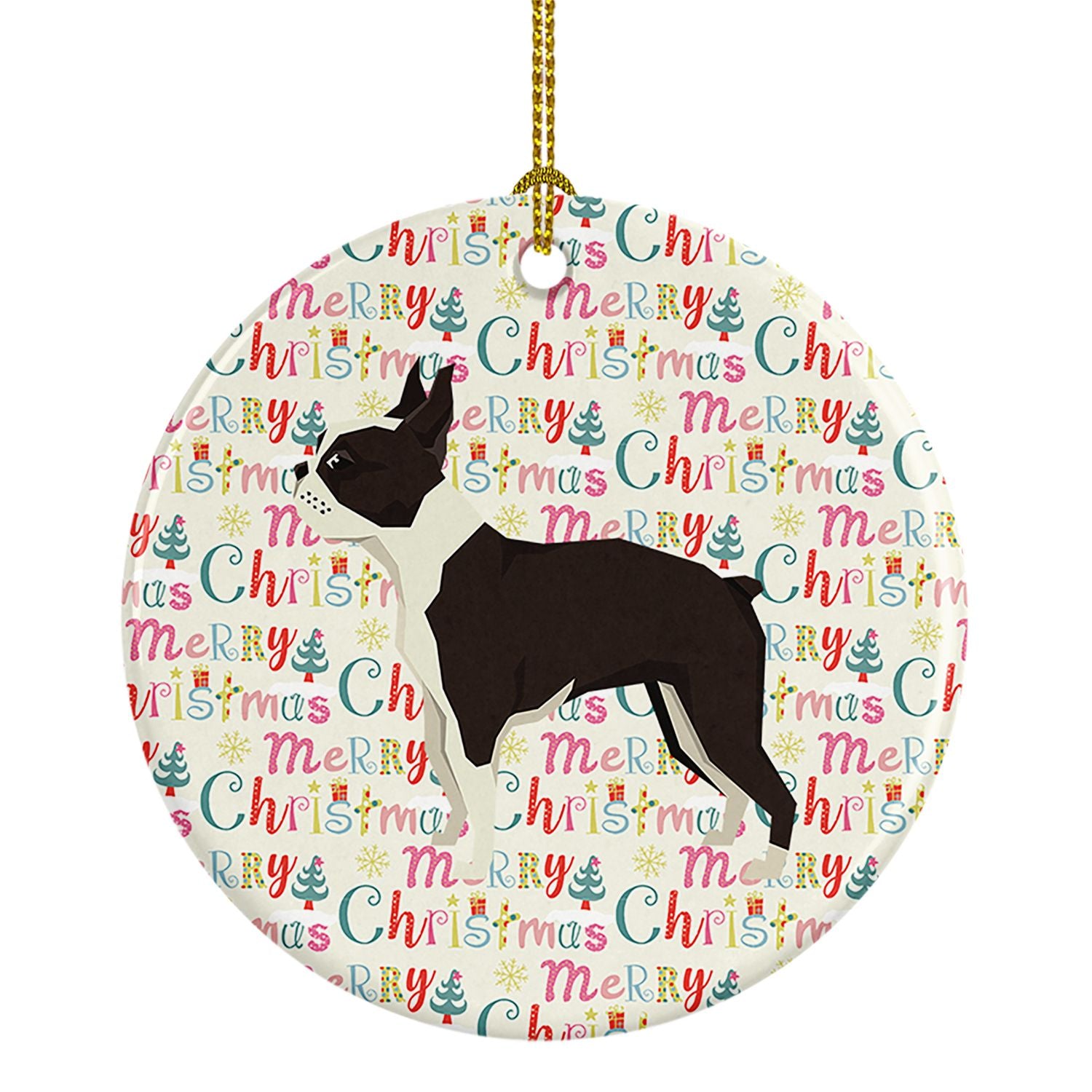 Boston Terrier Merry Christmas Ceramic Ornament Christmas Tree Hanging Decorations for Home Christmas Holiday, Party, Gift, 3 in