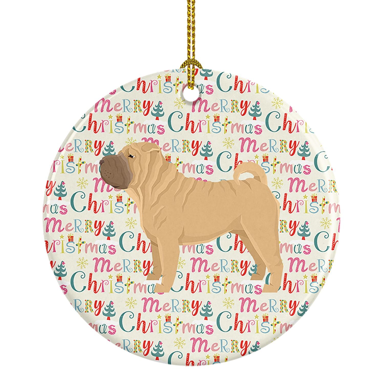 Shar Pei Merry Christmas Ceramic Ornament Christmas Tree Hanging Decorations for Home Christmas Holiday, Party, Gift, 3 in, Mult