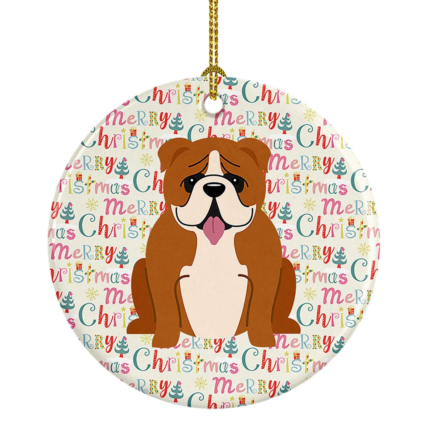 Merry Christmas English Bulldog Red White Ceramic Ornament Christmas Tree Hanging Decorations for Home Christmas Holiday, Party,