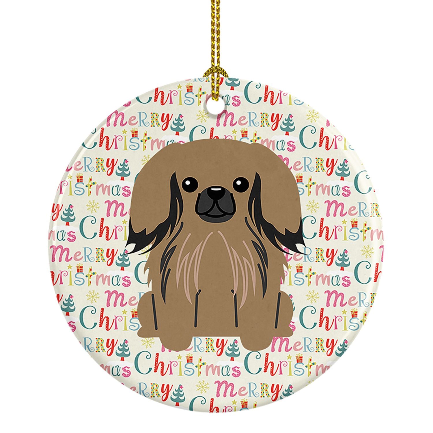 Merry Christmas Pekingese Tan Ceramic Ornament Christmas Tree Hanging Decorations for Home Christmas Holiday, Party, Gift, 3 in,