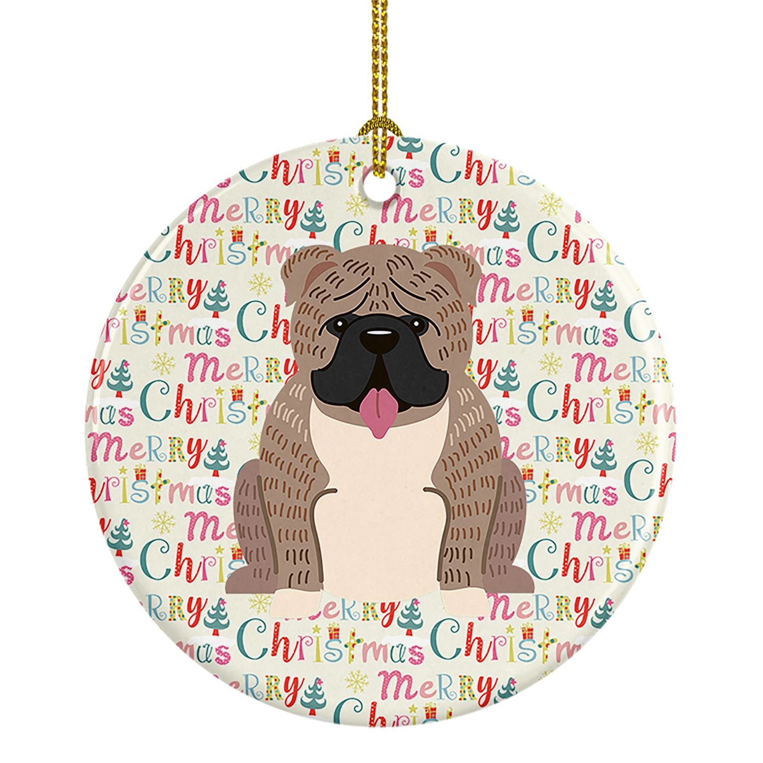 Merry Christmas English Bulldog Grey Brindle Ceramic Ornament Christmas Tree Hanging Decorations for Home Christmas Holiday, Par