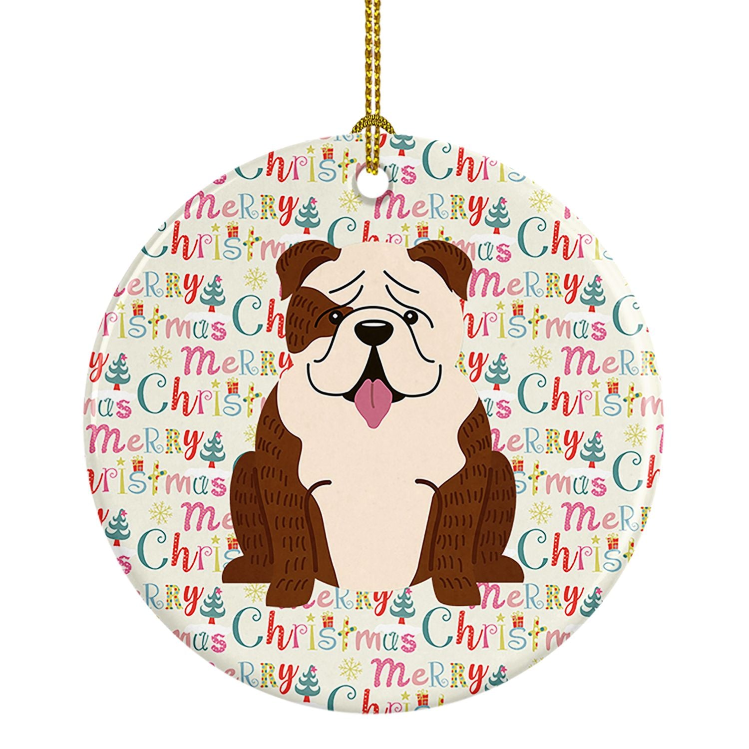 Merry Christmas English Bulldog Brindle White Ceramic Ornament Christmas Tree Hanging Decorations for Home Christmas Holiday, Pa