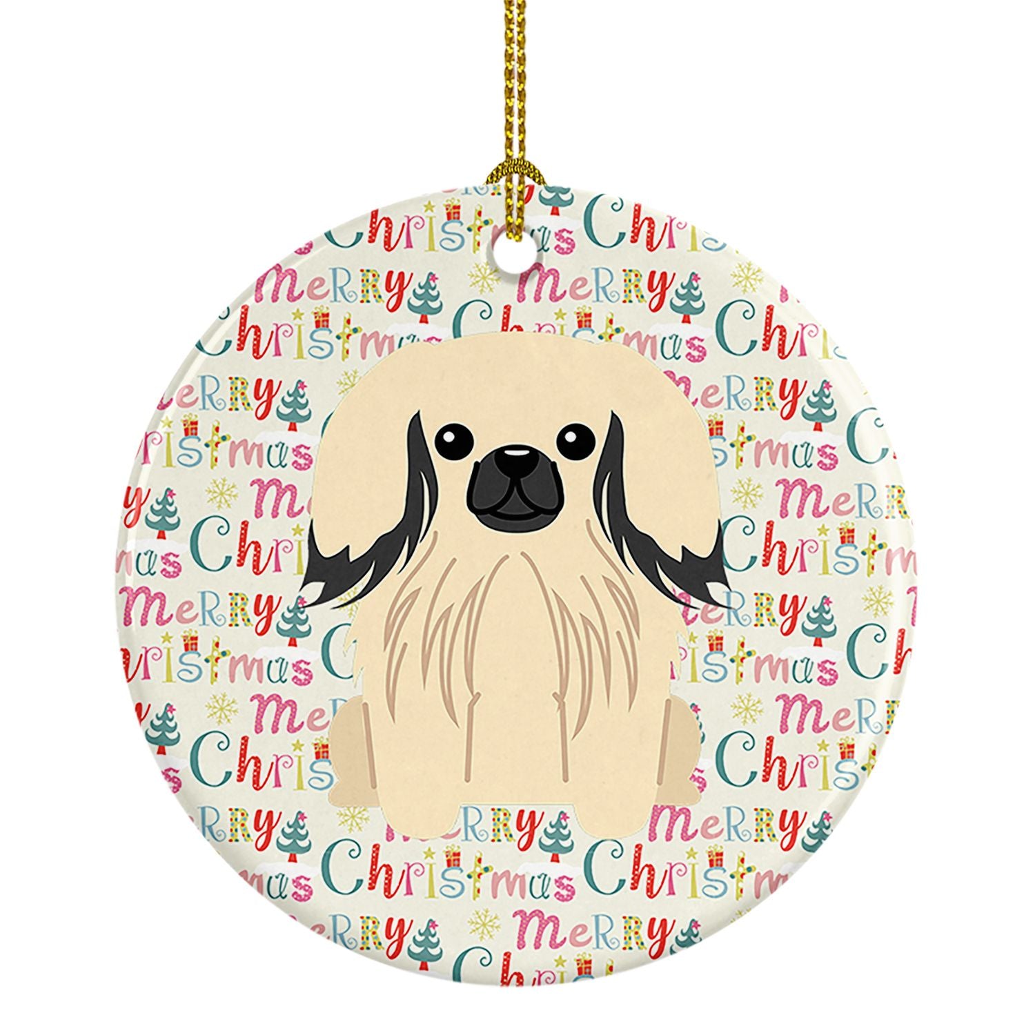 Merry Christmas Pekingese Cream Ceramic Ornament Christmas Tree Hanging Decorations for Home Christmas Holiday, Party, Gift, 3 i