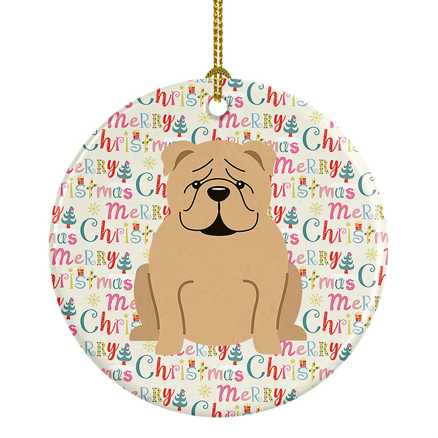 Merry Christmas English Bulldog Fawn Ceramic Ornament Christmas Tree Hanging Decorations for Home Christmas Holiday, Party, Gift