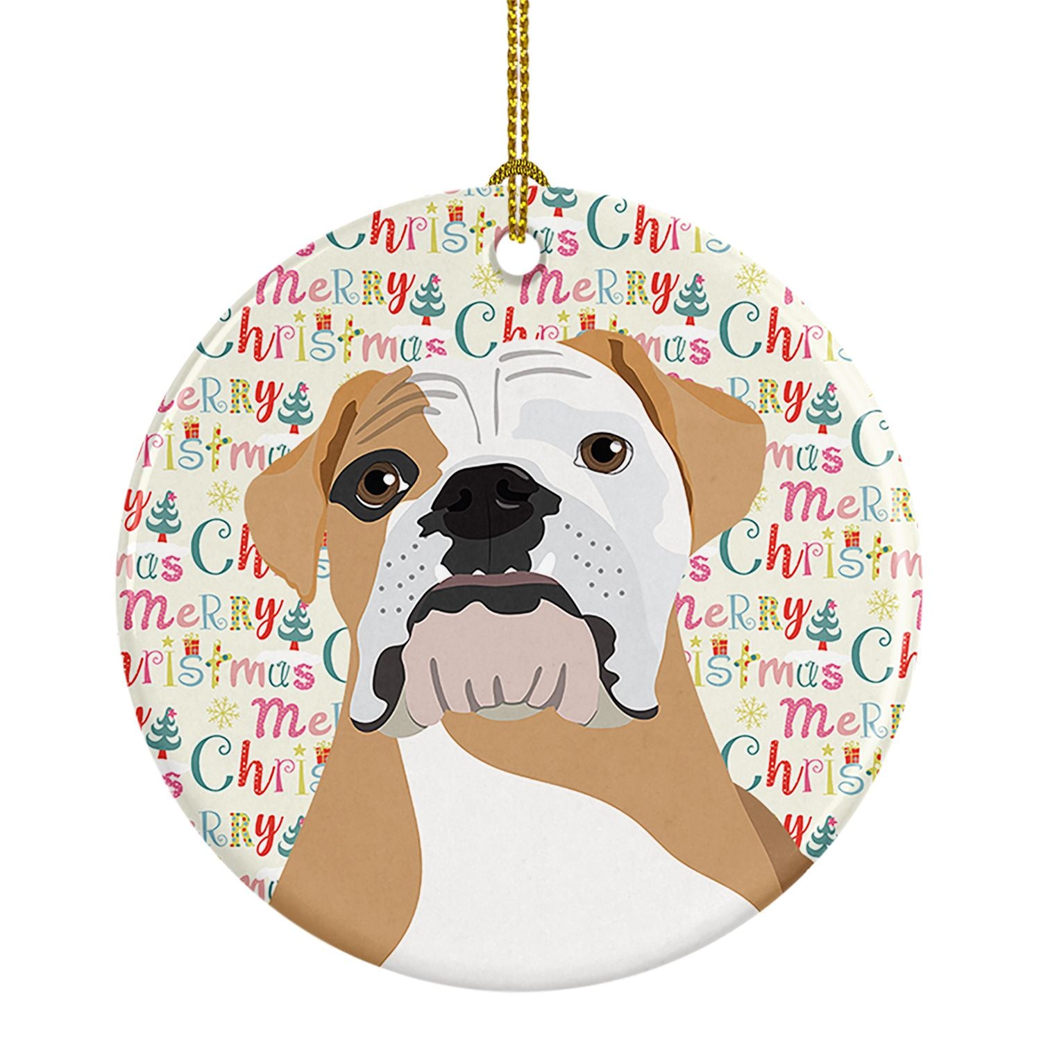 English Bulldog Fawn and White Christmas Ceramic Ornament Christmas Tree Hanging Decorations for Home Christmas Holiday, Party, 