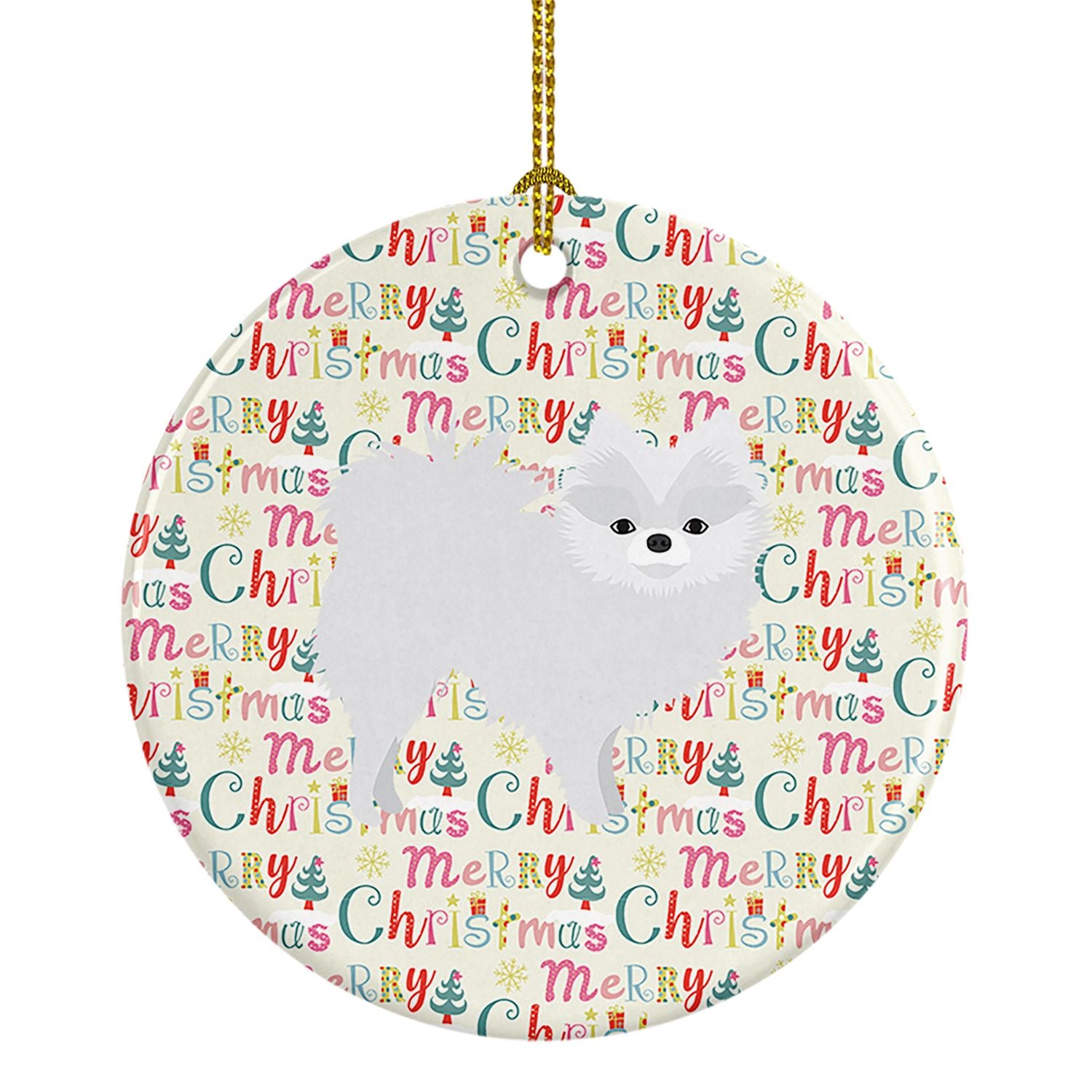 White Pomeranian Merry Christmas Ceramic Ornament Christmas Tree Hanging Decorations for Home Christmas Holiday, Party, Gift, 3 