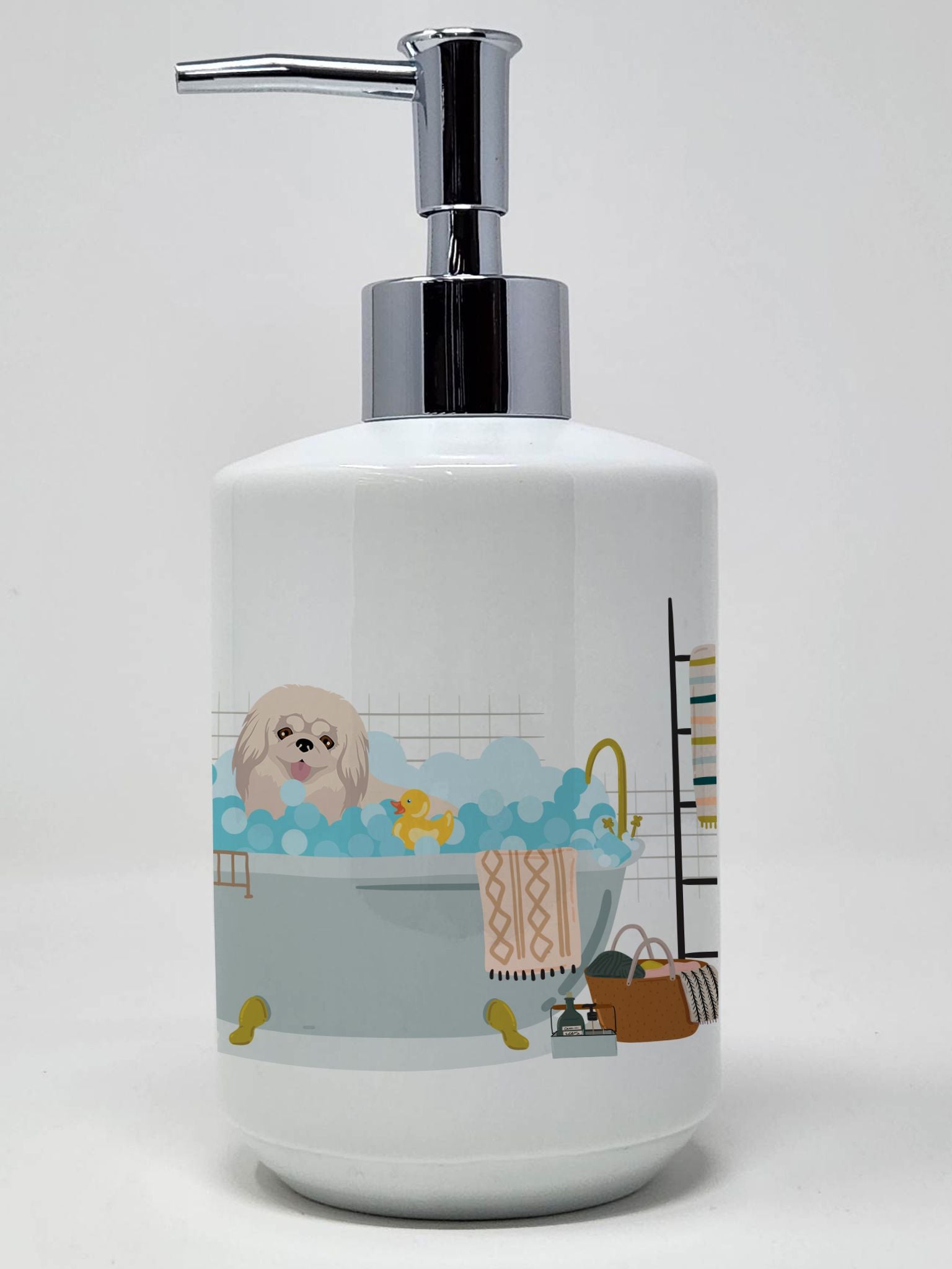 White Pekingese Ceramic Soap Dispenser Hand Soap Dispenser Pump Bottles for Bathroom Kitchen, Empty Refillable Liquid Soap Conta