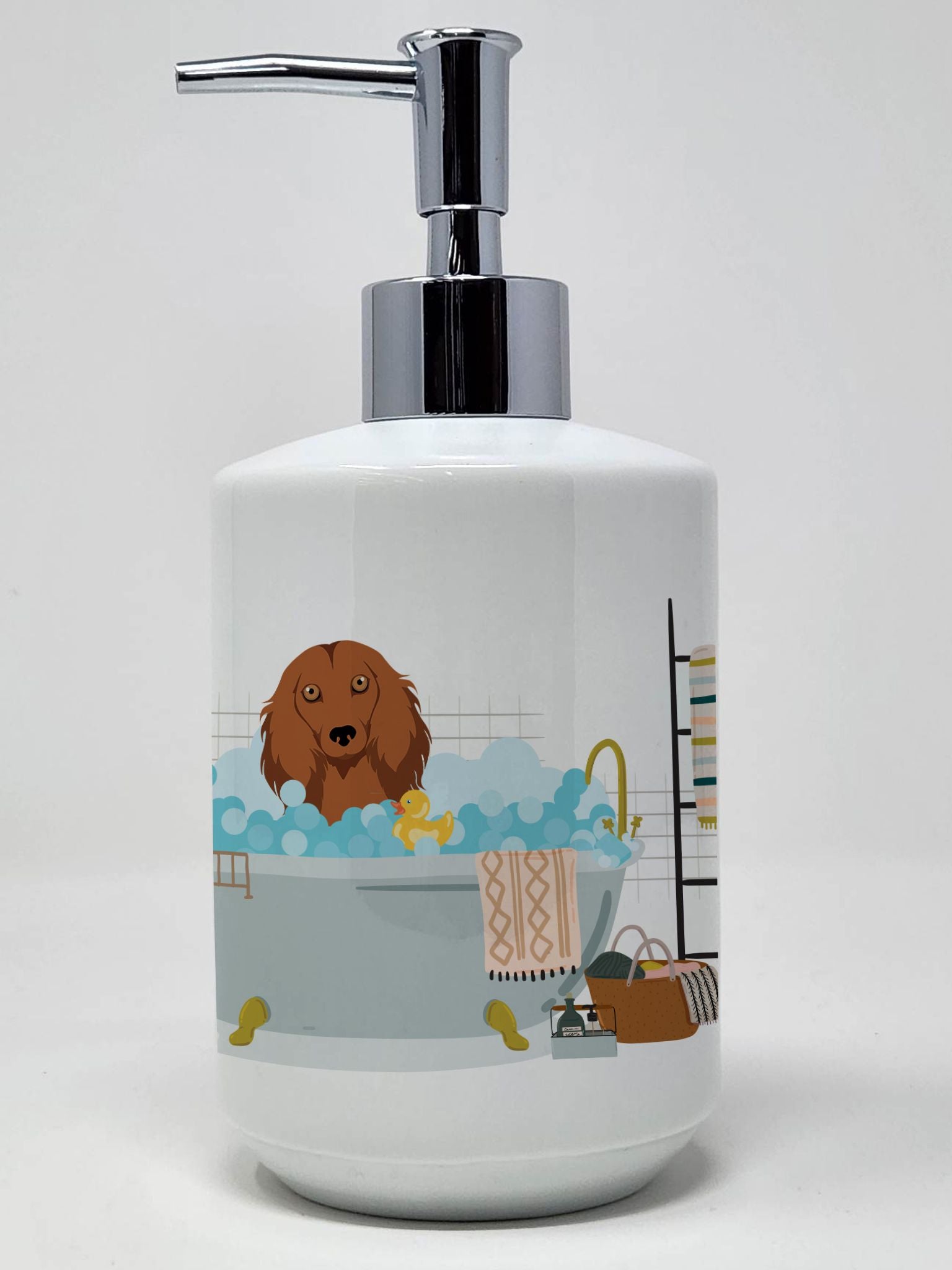 Longhair Red Dachshund Ceramic Soap Dispenser Hand Soap Dispenser Pump Bottles for Bathroom Kitchen, Empty Refillable Liquid Soa