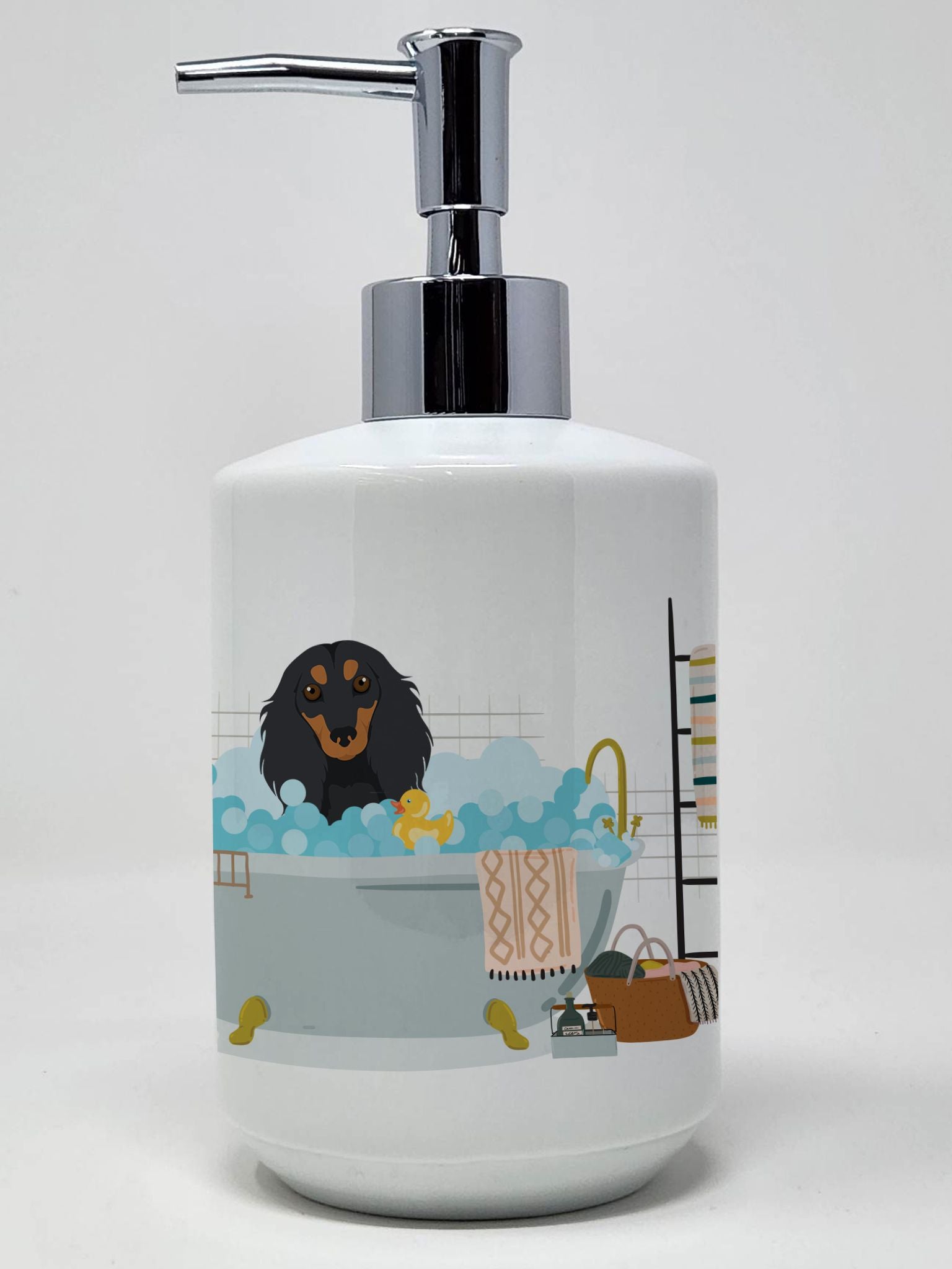 Longhair Black and Tan Dachshund Ceramic Soap Dispenser Hand Soap Dispenser Pump Bottles for Bathroom Kitchen, Empty Refillable 