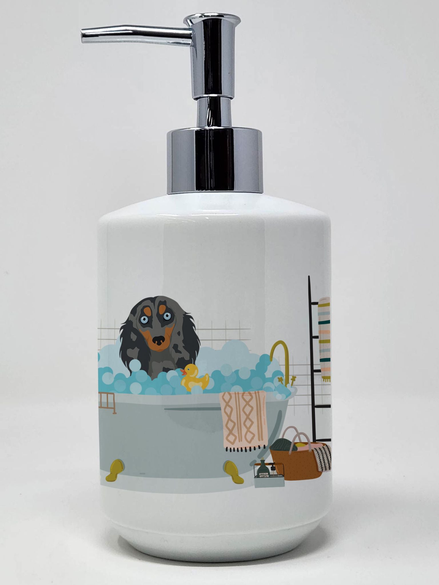 Longhair Blue and Tan Dapple Dachshund Ceramic Soap Dispenser Hand Soap Dispenser Pump Bottles for Bathroom Kitchen, Empty Refil