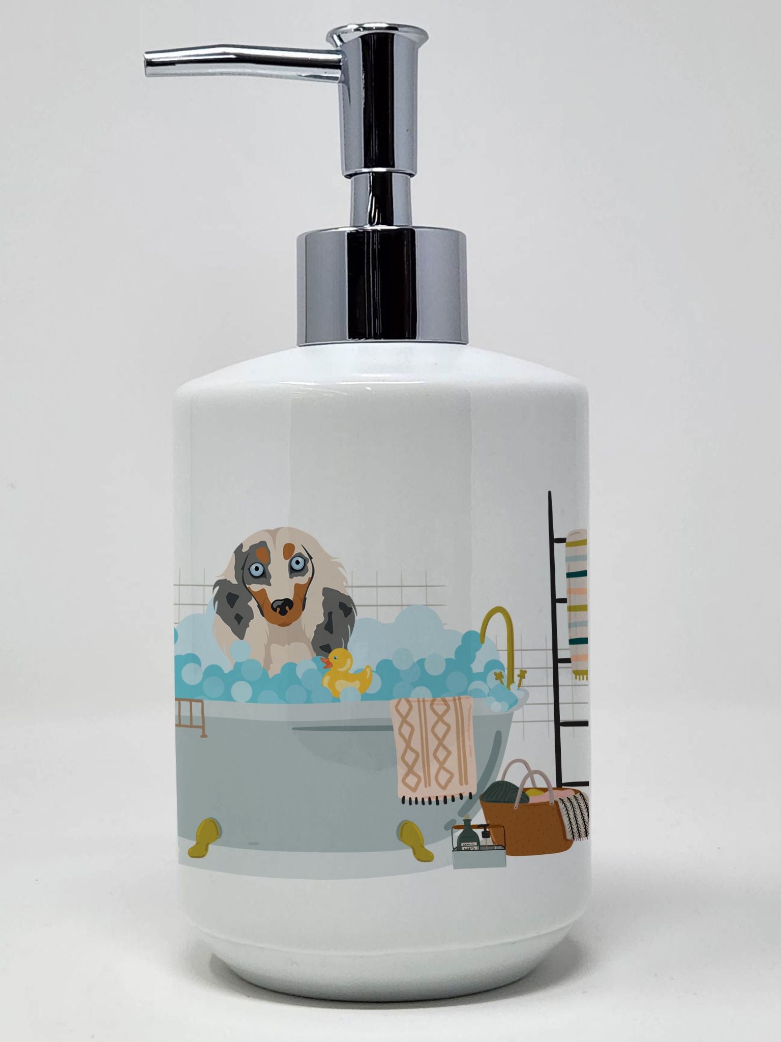 Longhair Cream Dapple Dachshund Ceramic Soap Dispenser Hand Soap Dispenser Pump Bottles for Bathroom Kitchen, Empty Refillable L