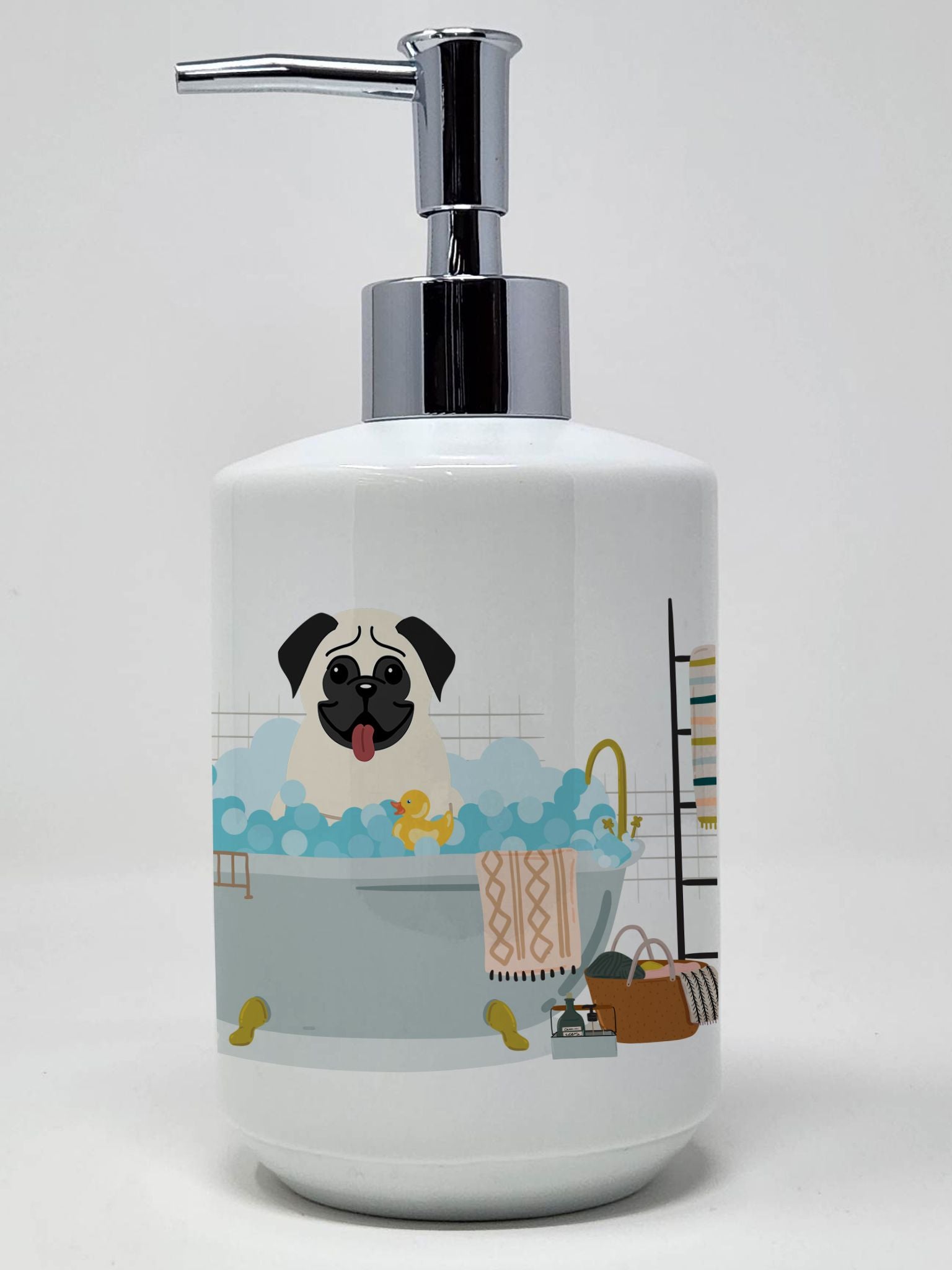 Cream Pug in Bathtub Ceramic Soap Dispenser Hand Soap Dispenser Pump Bottles for Bathroom Kitchen, Empty Refillable Liquid Soap 